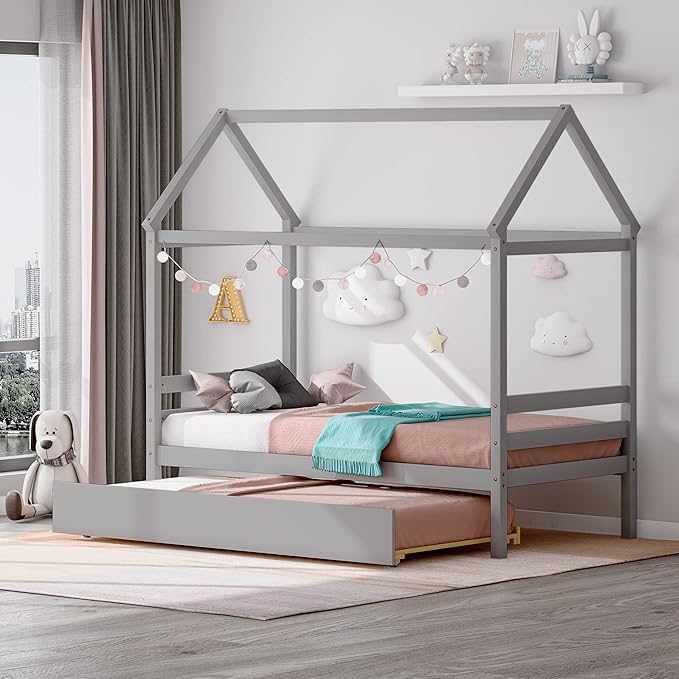 KOMFOTT Twin Size Wood House Bed with Trundle and Roof