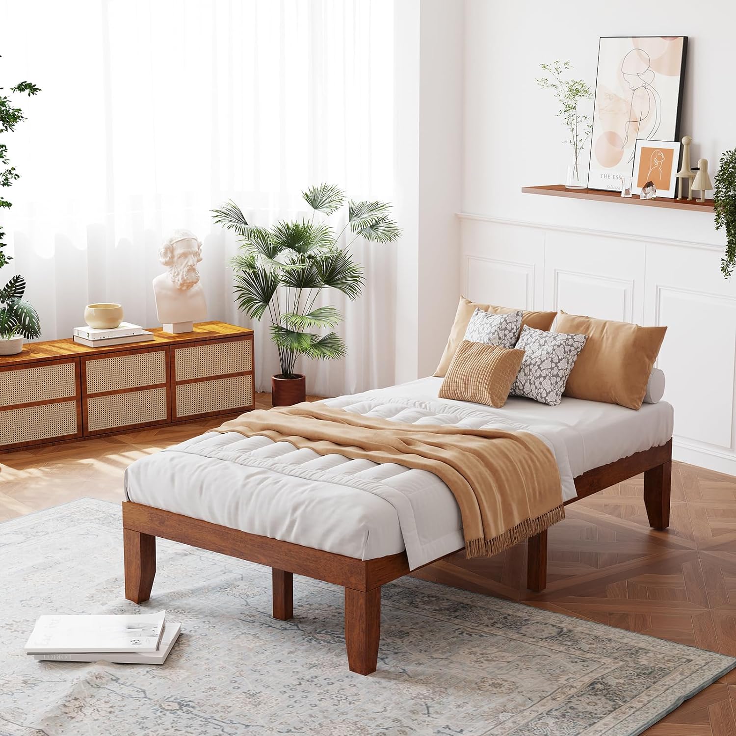 KOMFOTT Wood Platform Bed Frame, Solid Wood Mattress Foundation with Rubber Wood Frame