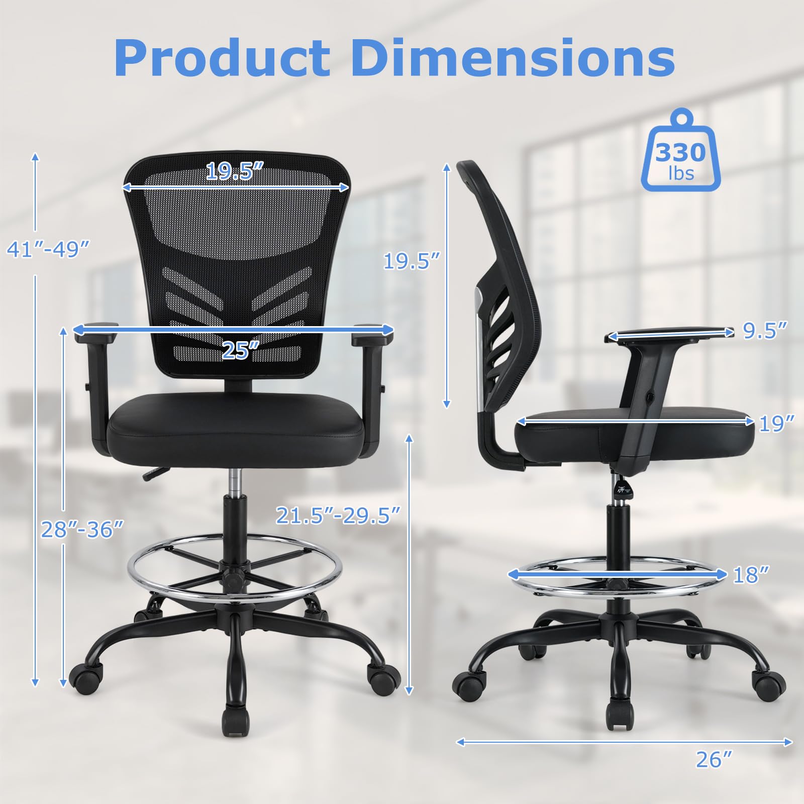 KOMFOTT Drafting Chair, Standing Desk Chair with Lumbar Support, Footrest Ring & Armrests
