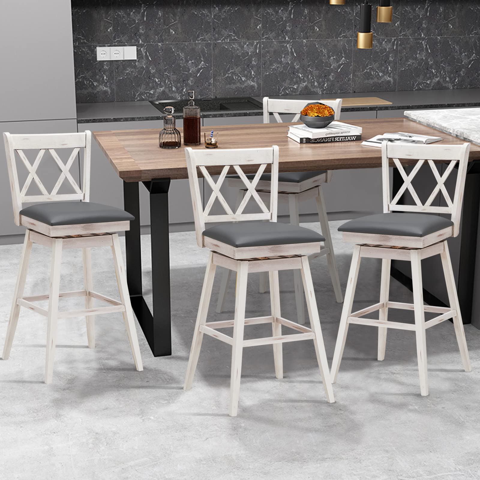 KOMFOTT 360 ° Swivel Bar Stool Set of 2/4 with Foot Rest Upholstered Cushion & Ergonomic Backrest