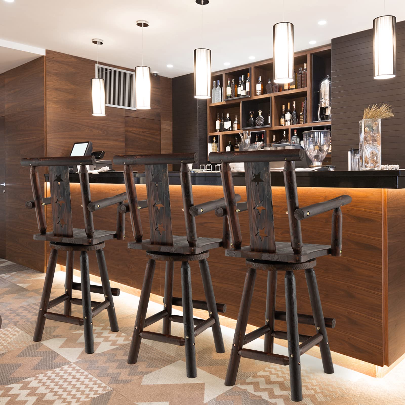 KOMFOTT 360° Swivel Wood Bar Stools Set of 2 with Footrest, Decorative Star Backrest, Wide Armrest