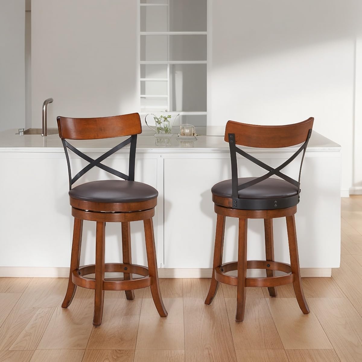 KOMFOTT Bar Stool Set of 2/4, 360-Degree Swivel Solid Wood Stools with Soft Cushion & Backrest