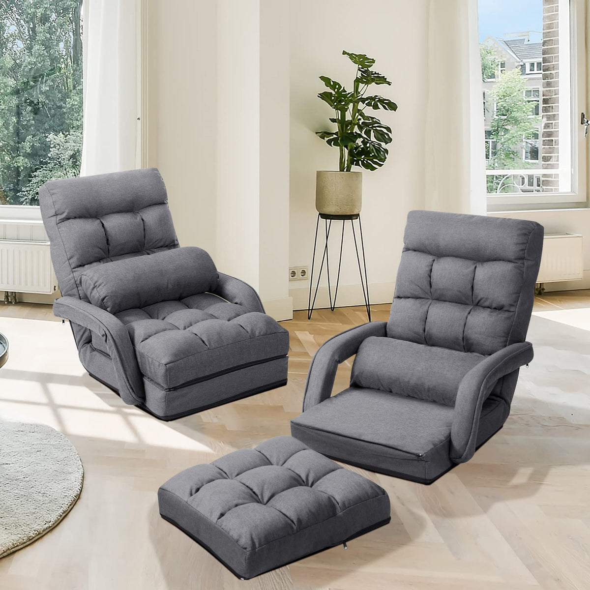 KOMFOTT Folding Floor Chair with 6-Position Adjustable Backrest, Armrests & Removable Pillow