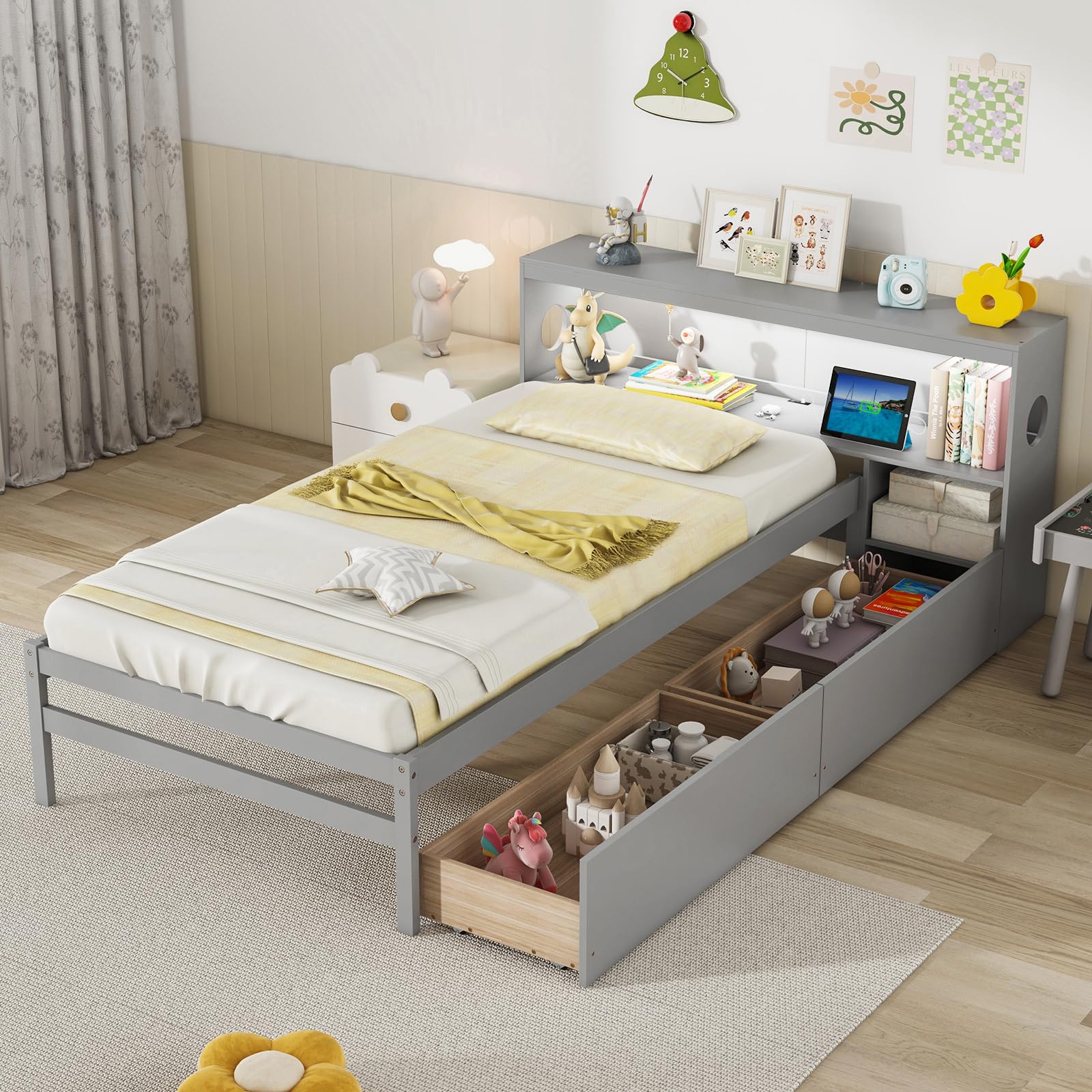 KOMFOTT Wood Twin Bed Frame with Storage Drawer & Headboard & Charging Station & LED Light