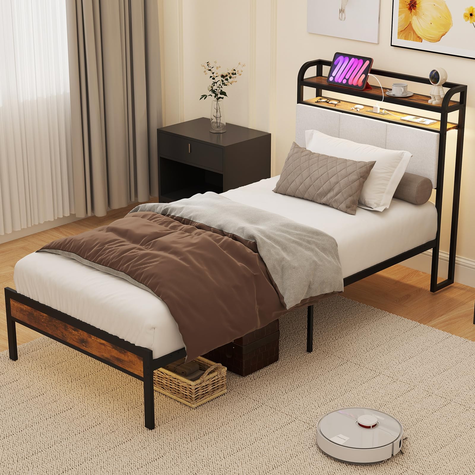 KOMFOTT Metal Bed Frame with Charging Station