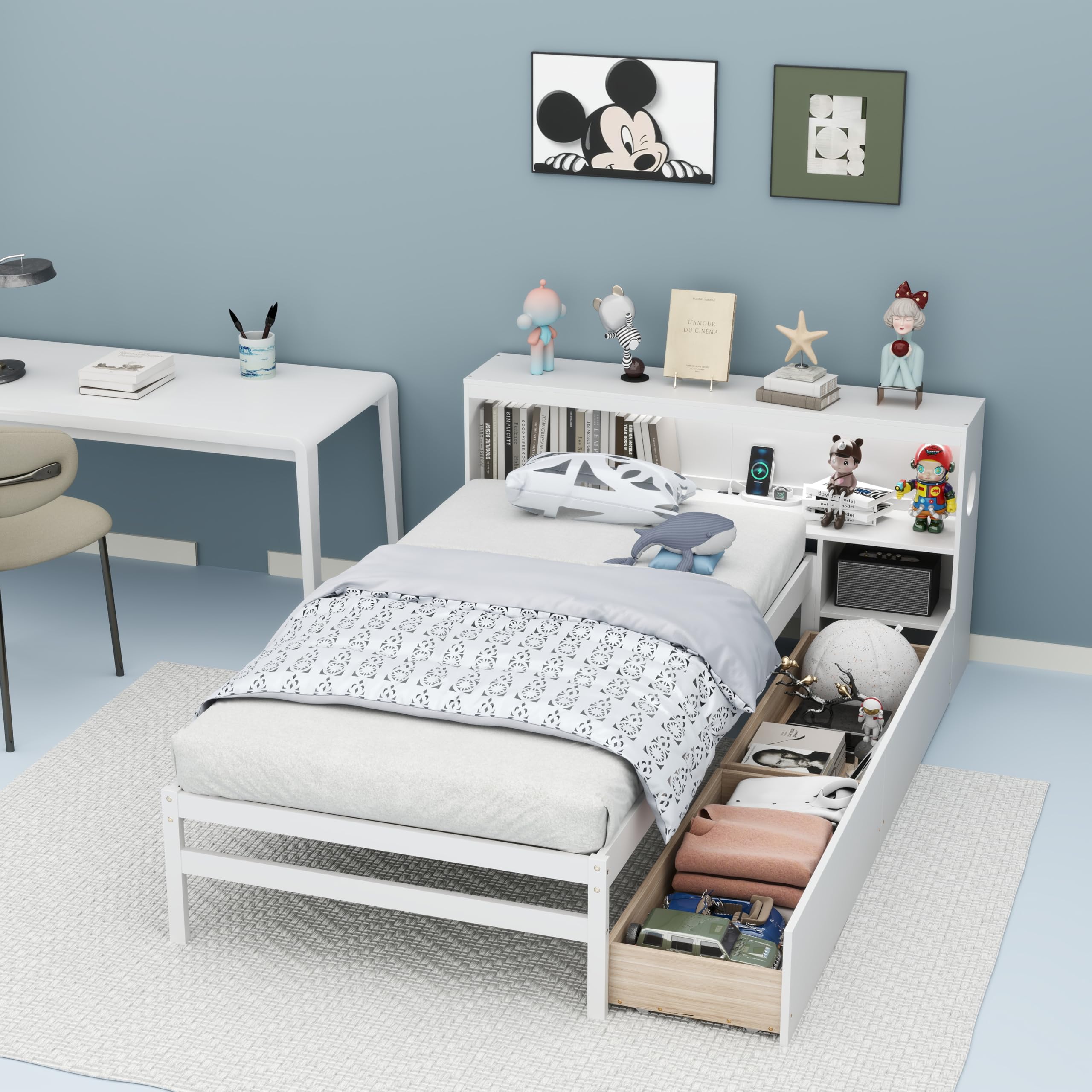 KOMFOTT Wood Twin Bed Frame with Storage Drawer & Headboard, Modern Platform Bed with Charging Station & LED Light