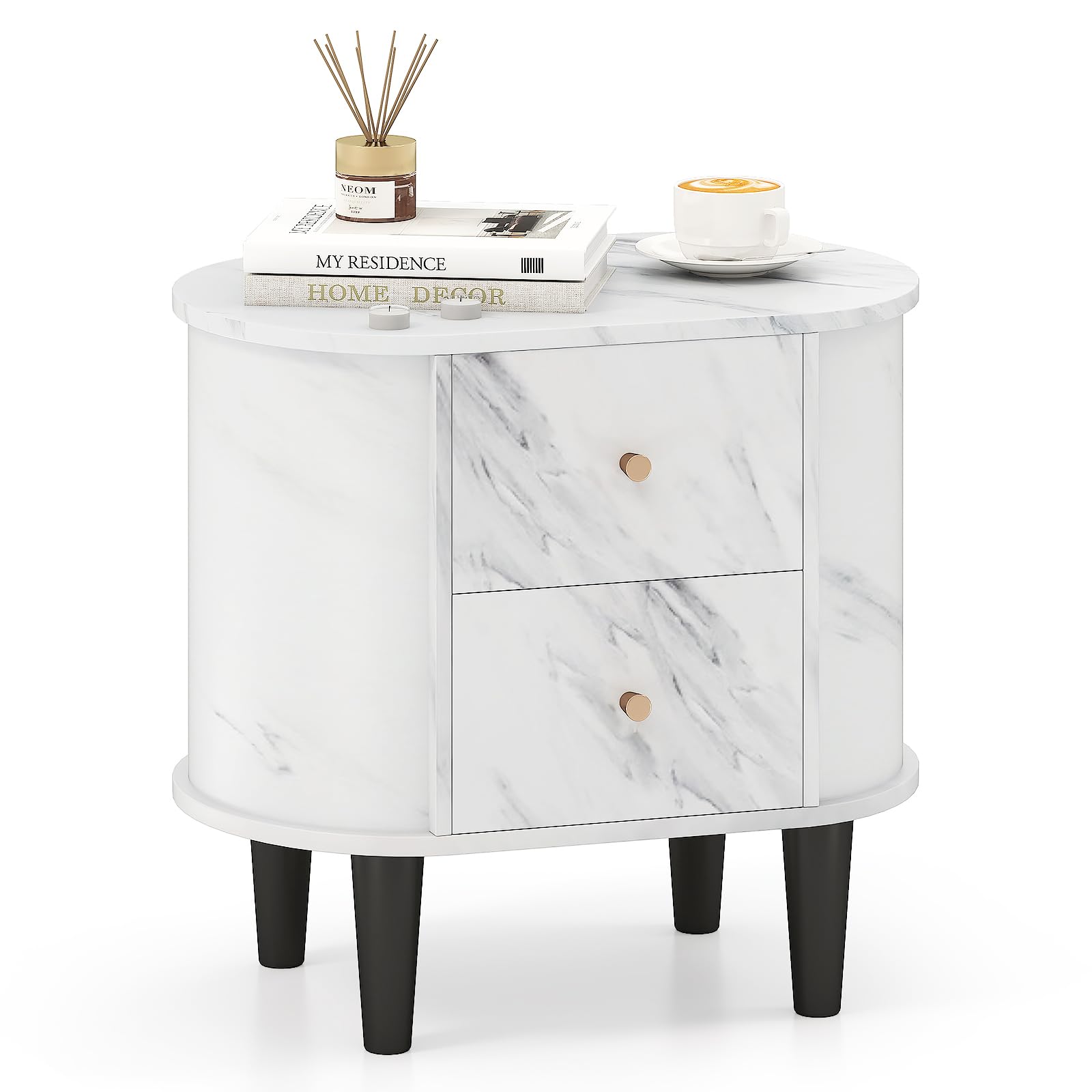 KOMFOTT Oval Faux Marble Nightstand with 2 Drawers
