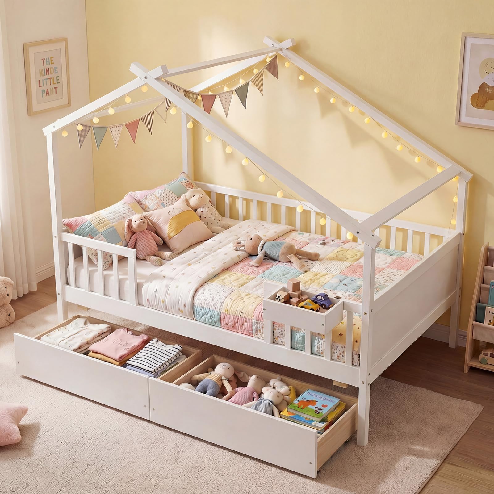 KOMFOTT Full Size House Bed for Kids with Roof & Fence Rails