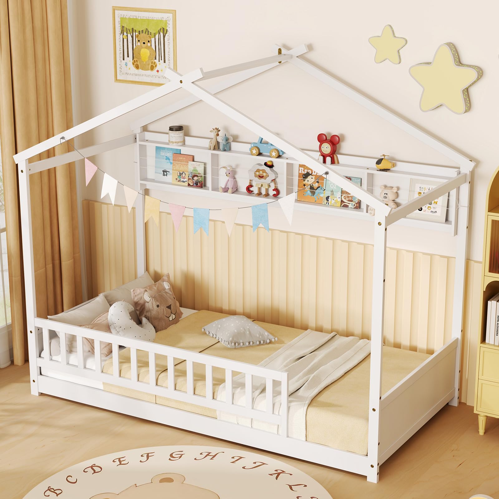 KOMFOTT Twin Floor House Bed with Storage Shelf, Headboard & Guardrail