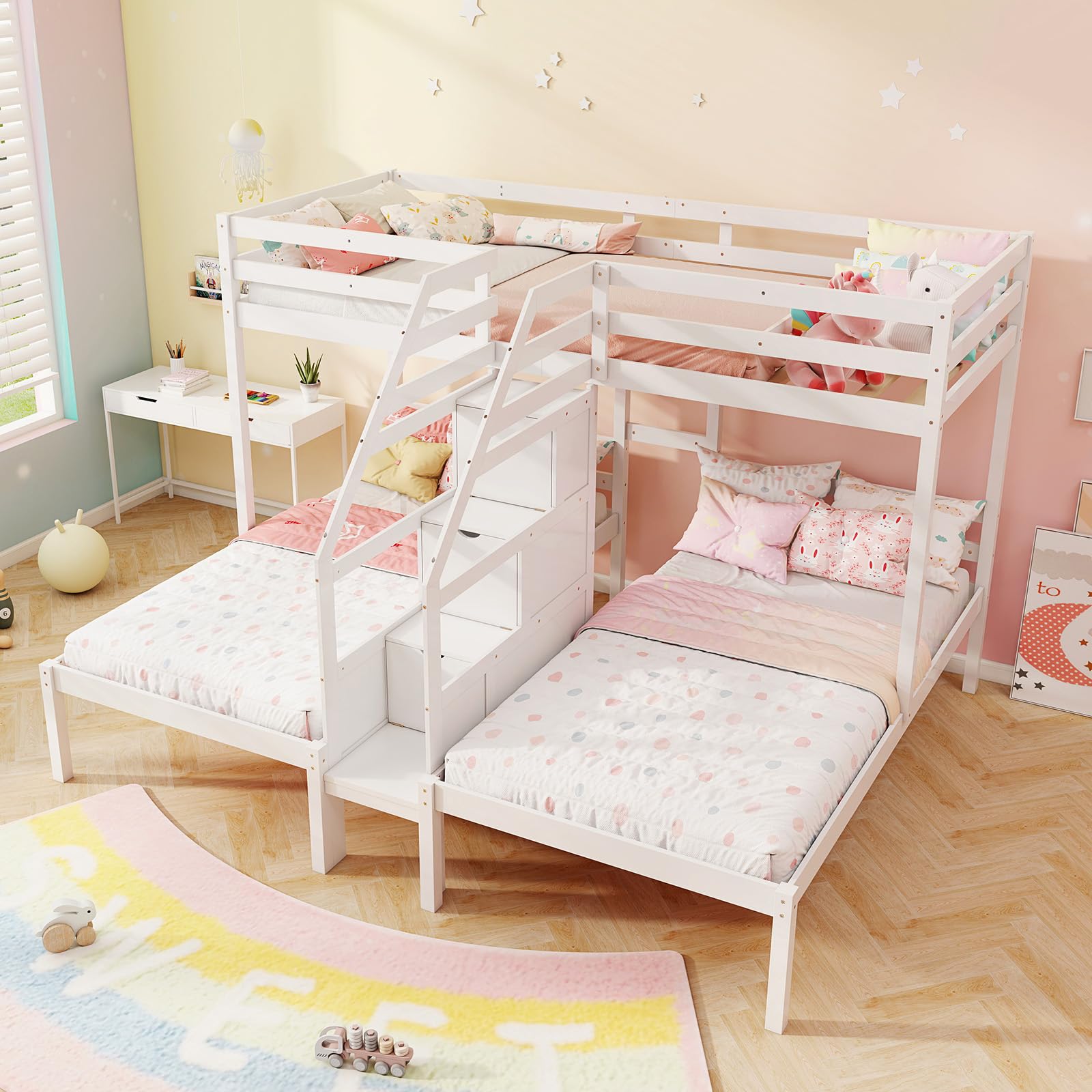 KOMFOTT Triple Bunk Beds with 4-Step Storage Stair, Guardrail & Solid Wood Structure