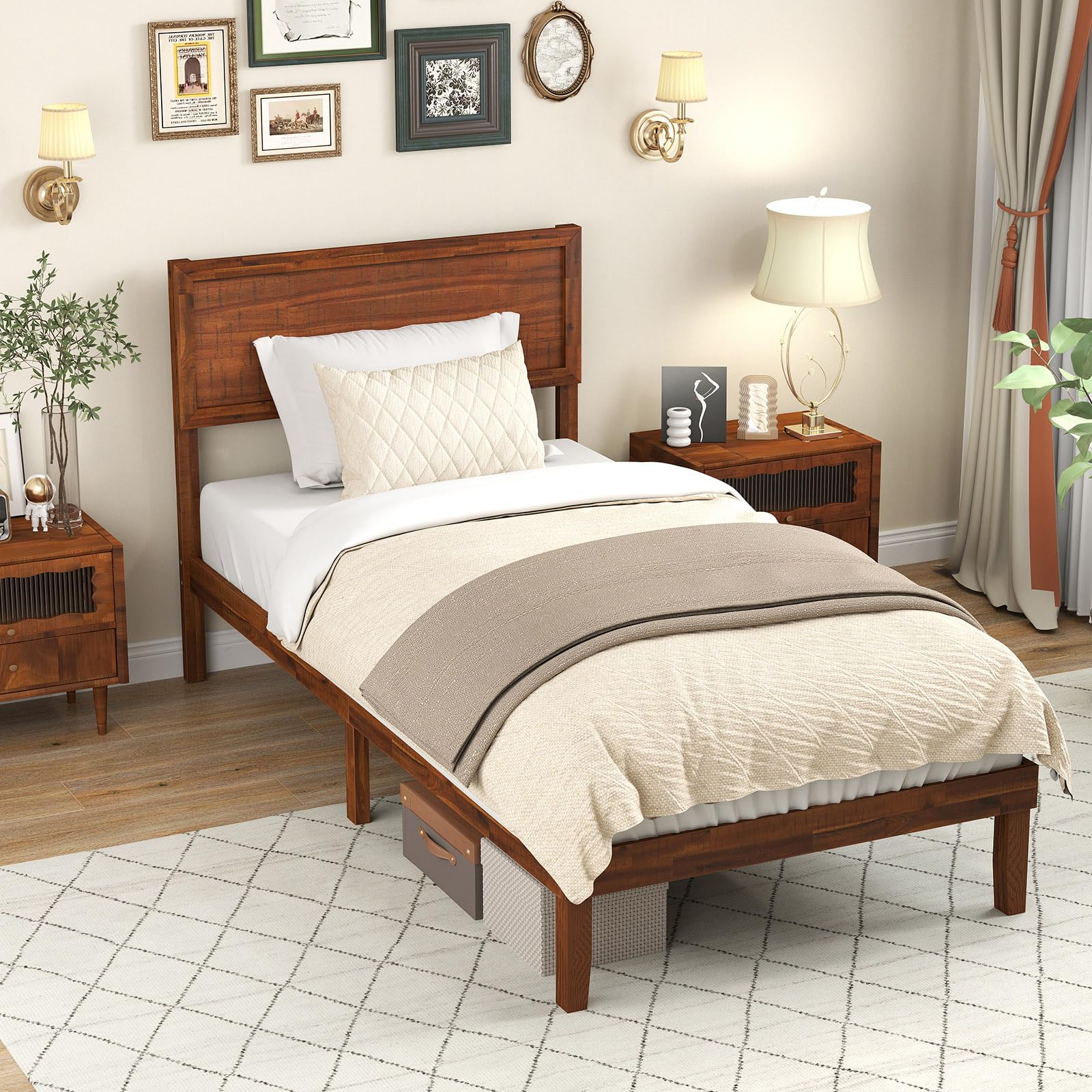 KOMFOTT Retro Wood Bed Frame with Headboard