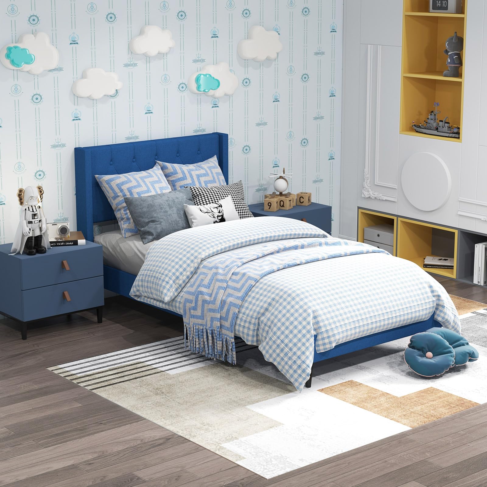 KOMFOTT Upholstered Platform Bed with Button Tufted Wingback Headboard
