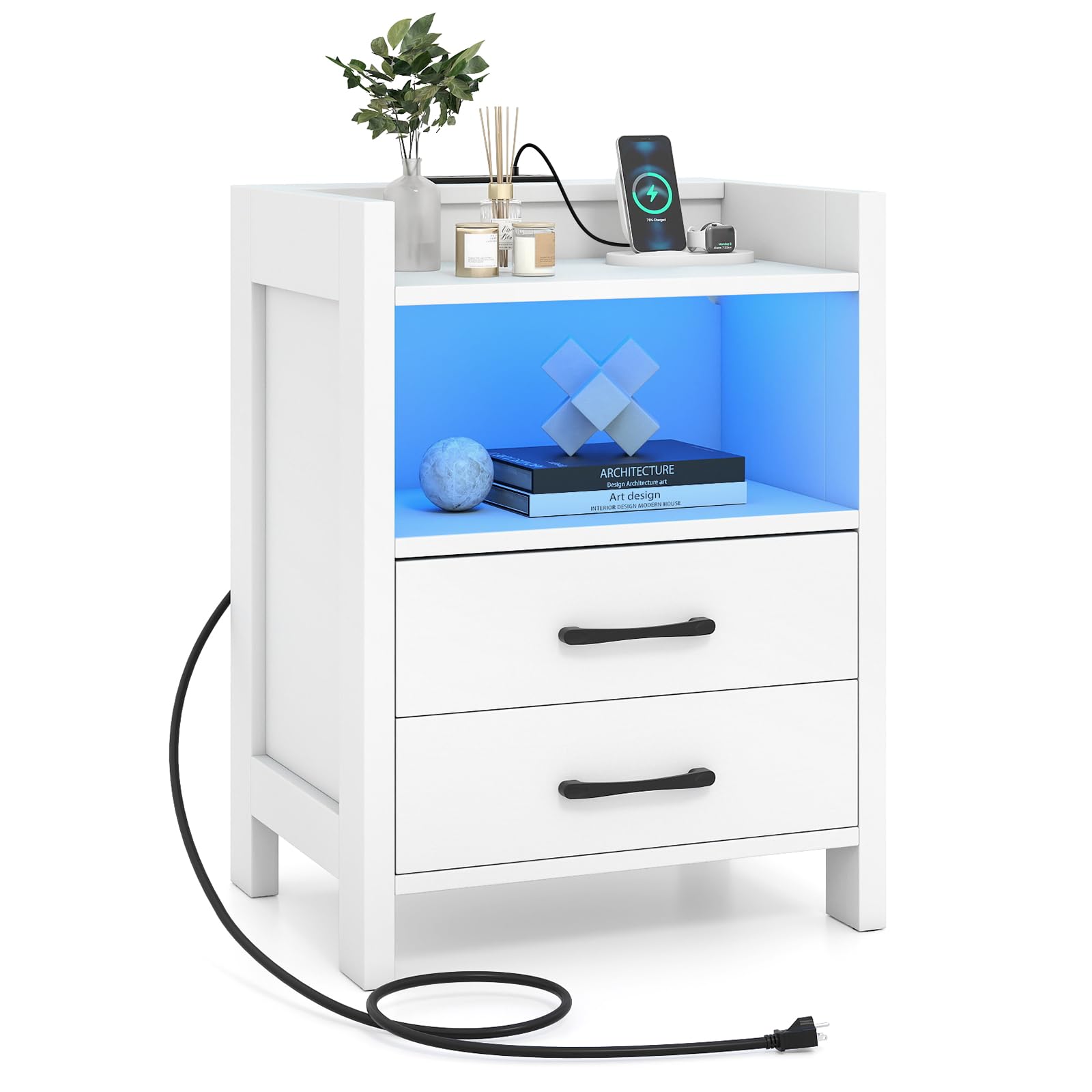 KOMFOTT Nightstand with LED Lights & Charging Station(23.5”)
