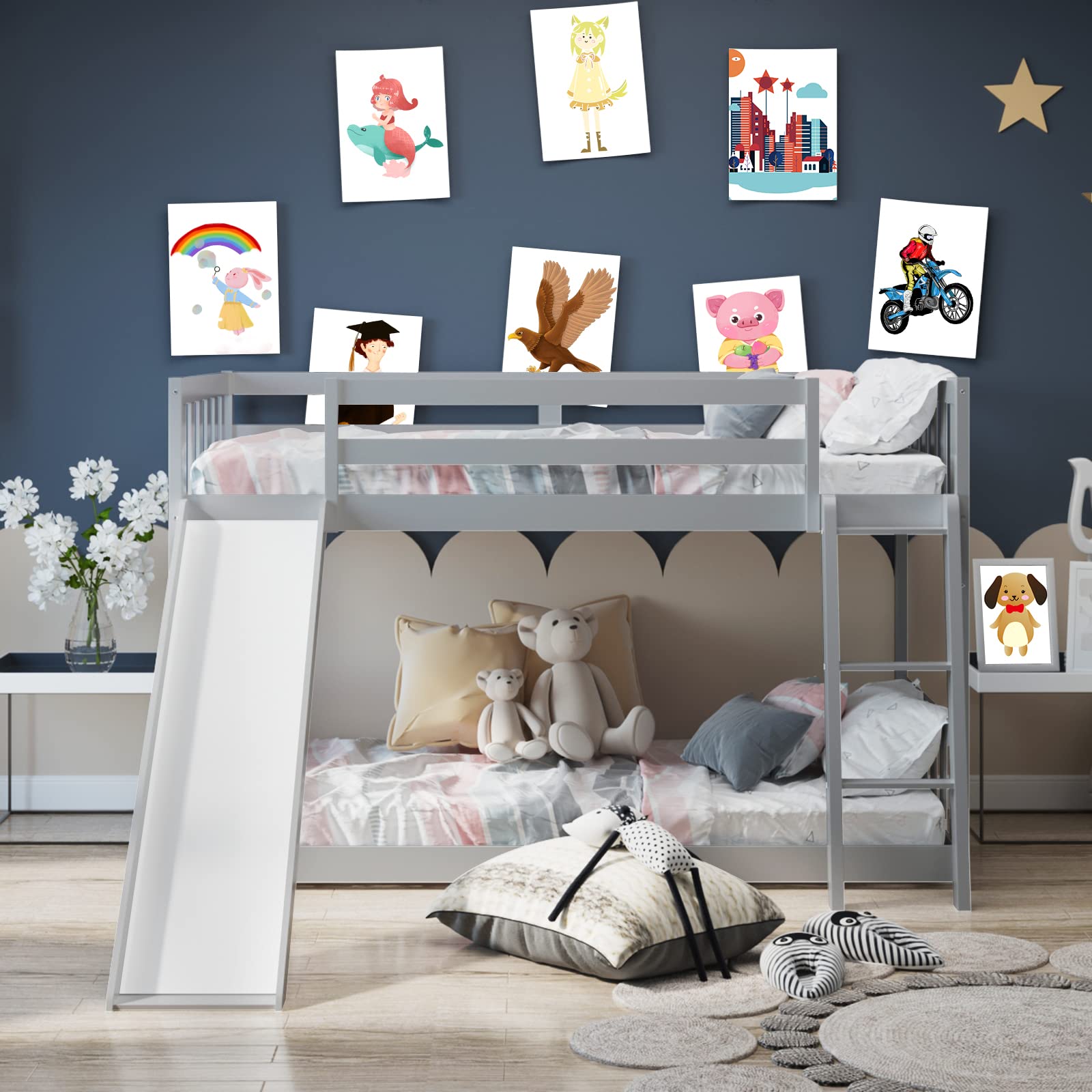 KOMFOTT Twin Over Twin Bunk Bed with Slide & Ladder