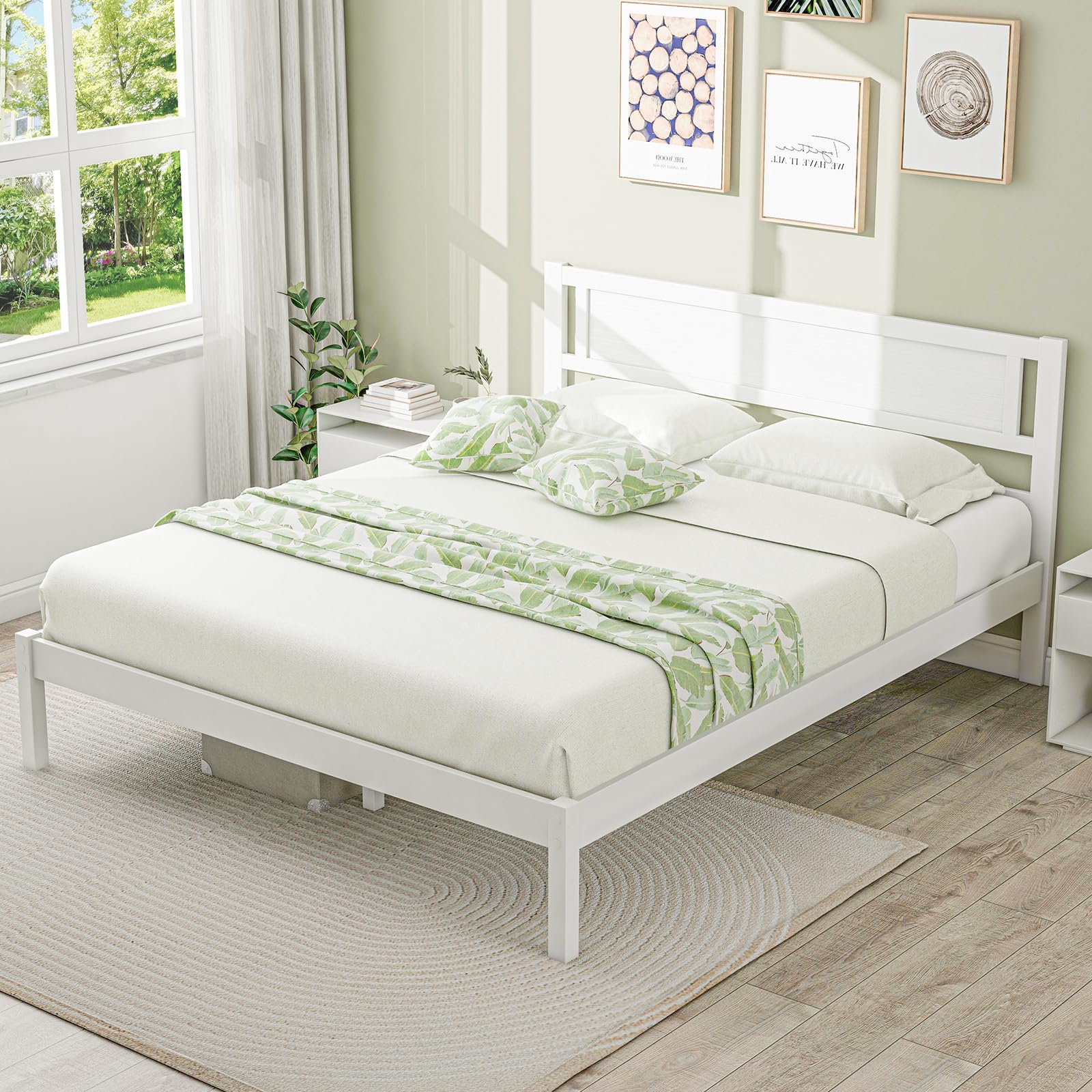 KOMFOTT Queen Size Wood Platform Bed Frame with Headboard