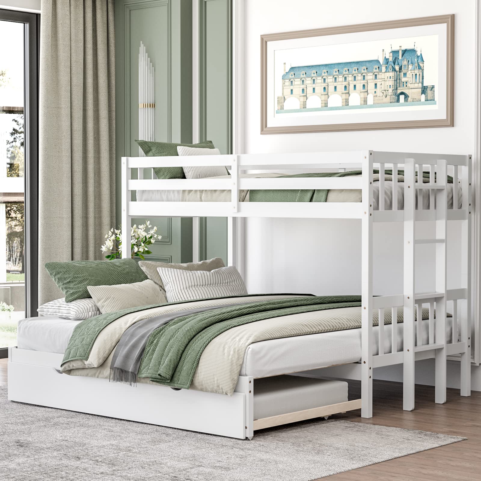 KOMFOTT Twin Over Full Bunk Bed with Trundle, Extendable Twin/Full/Queen/King Bunk Bed