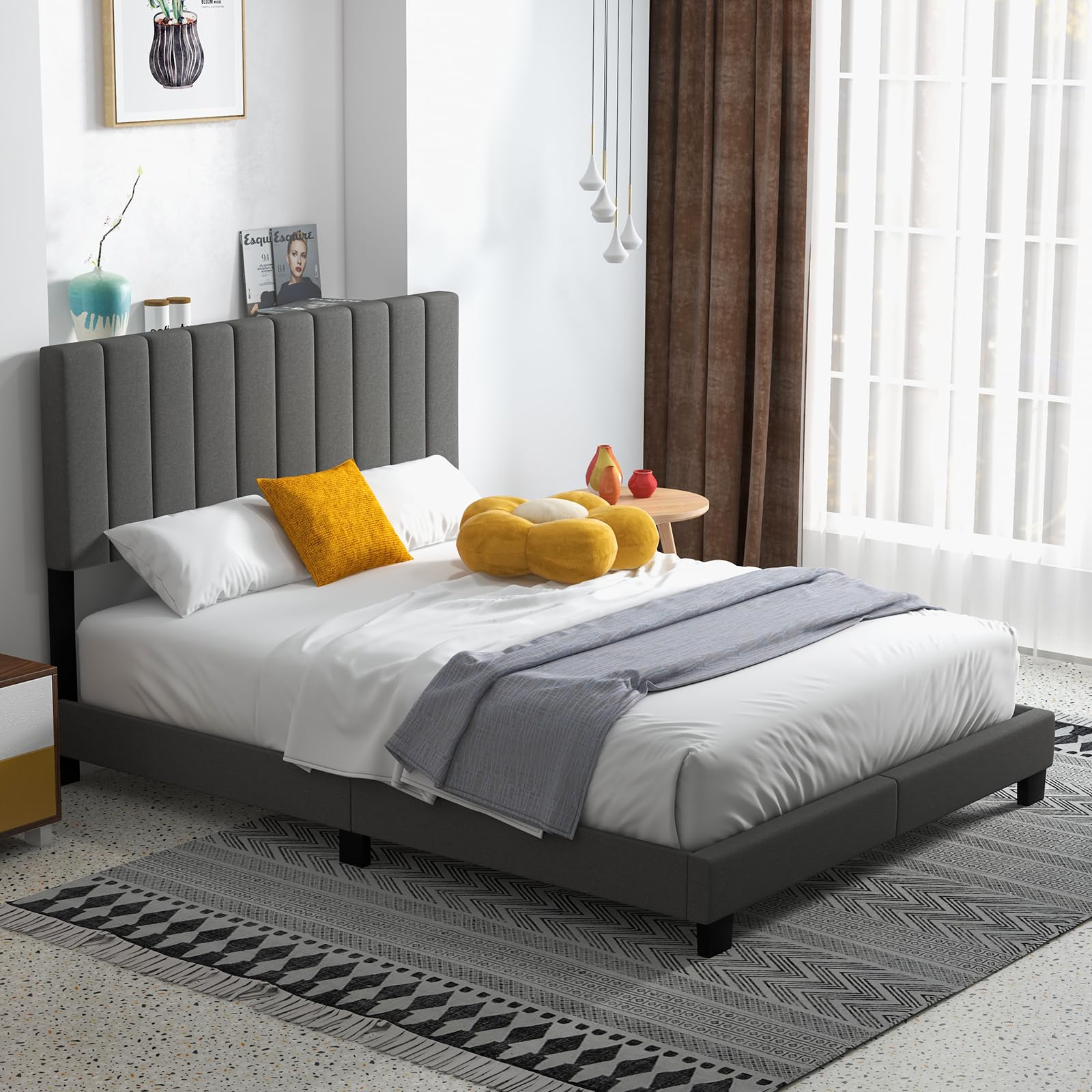 KOMFOTT Queen Size Upholstered Bed Frame with Vertical Channel Tufted Headboard