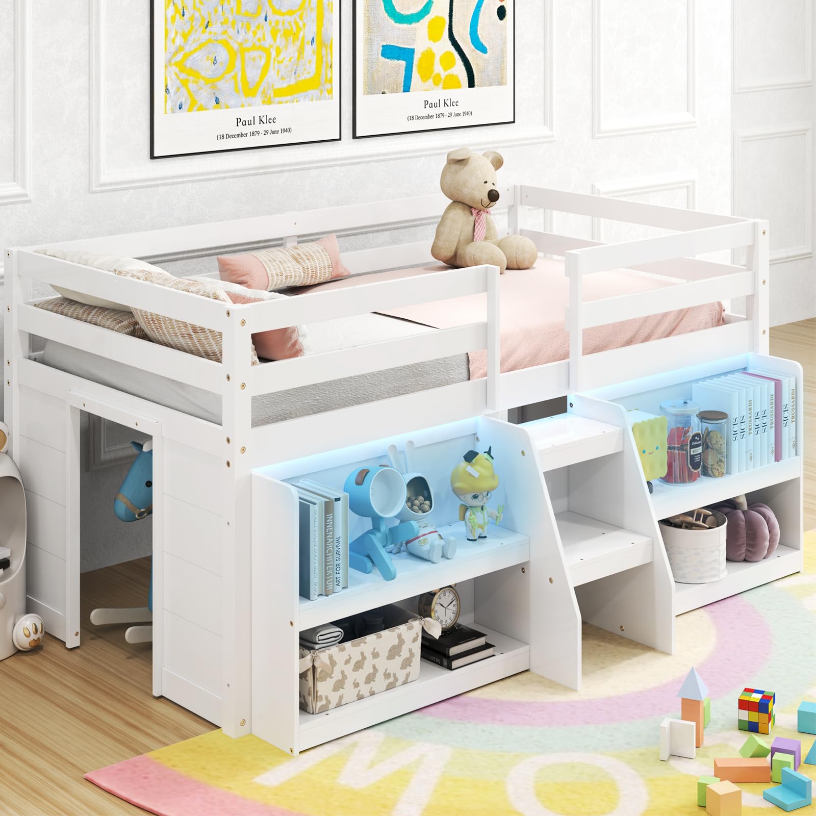 KOMFOTT Low Loft Bed with LED Light & 2 Bookcases