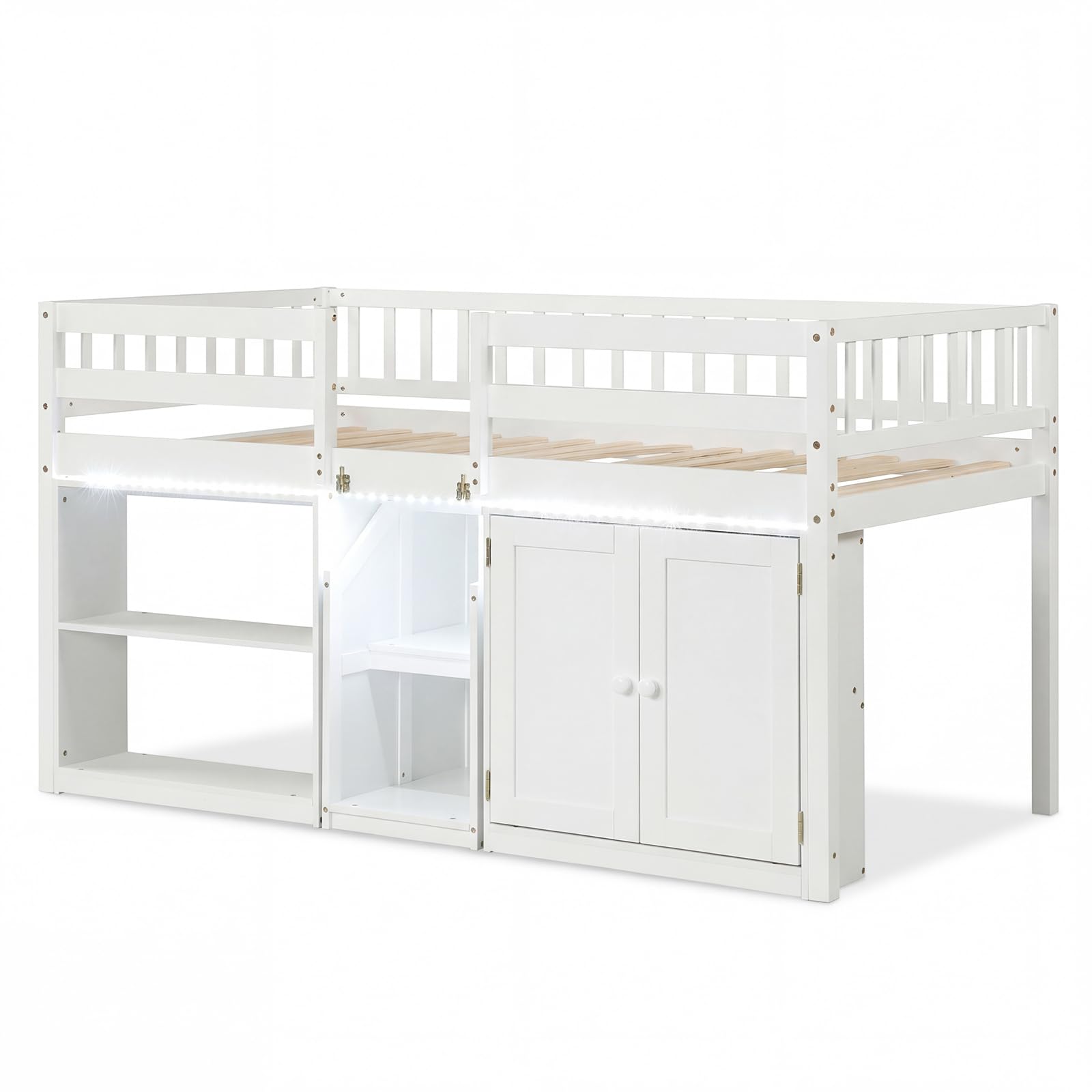 KOMFOTT Twin Size Low Loft Bed with LED Light & Stairs & Guardrails & Storage Cabinet & Shelves