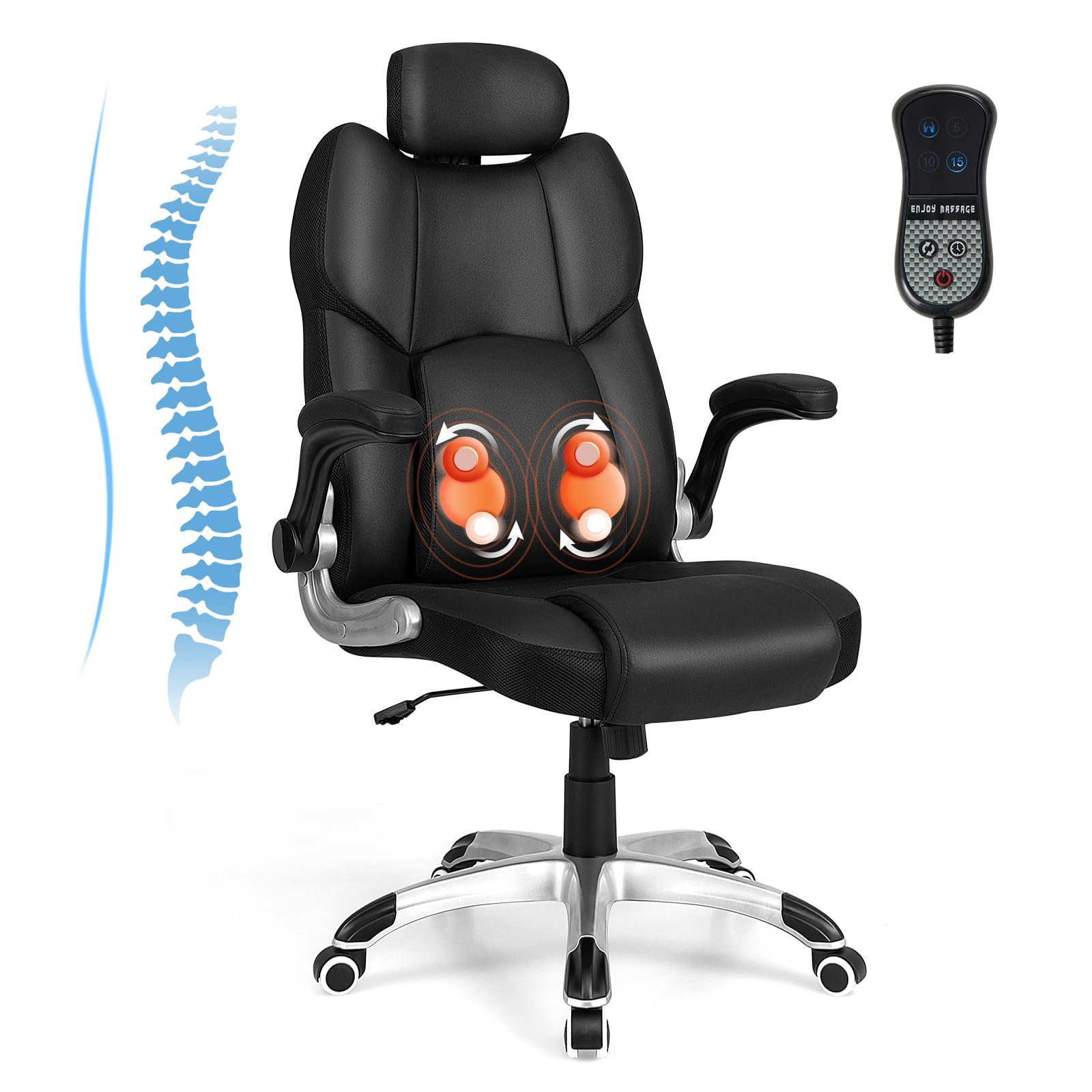 KOMFOTT Executive Faux Leather Office Chair, Kneading Massage Computer Chair with Removable Lumbar Support Pillow, Adjustable Headrest