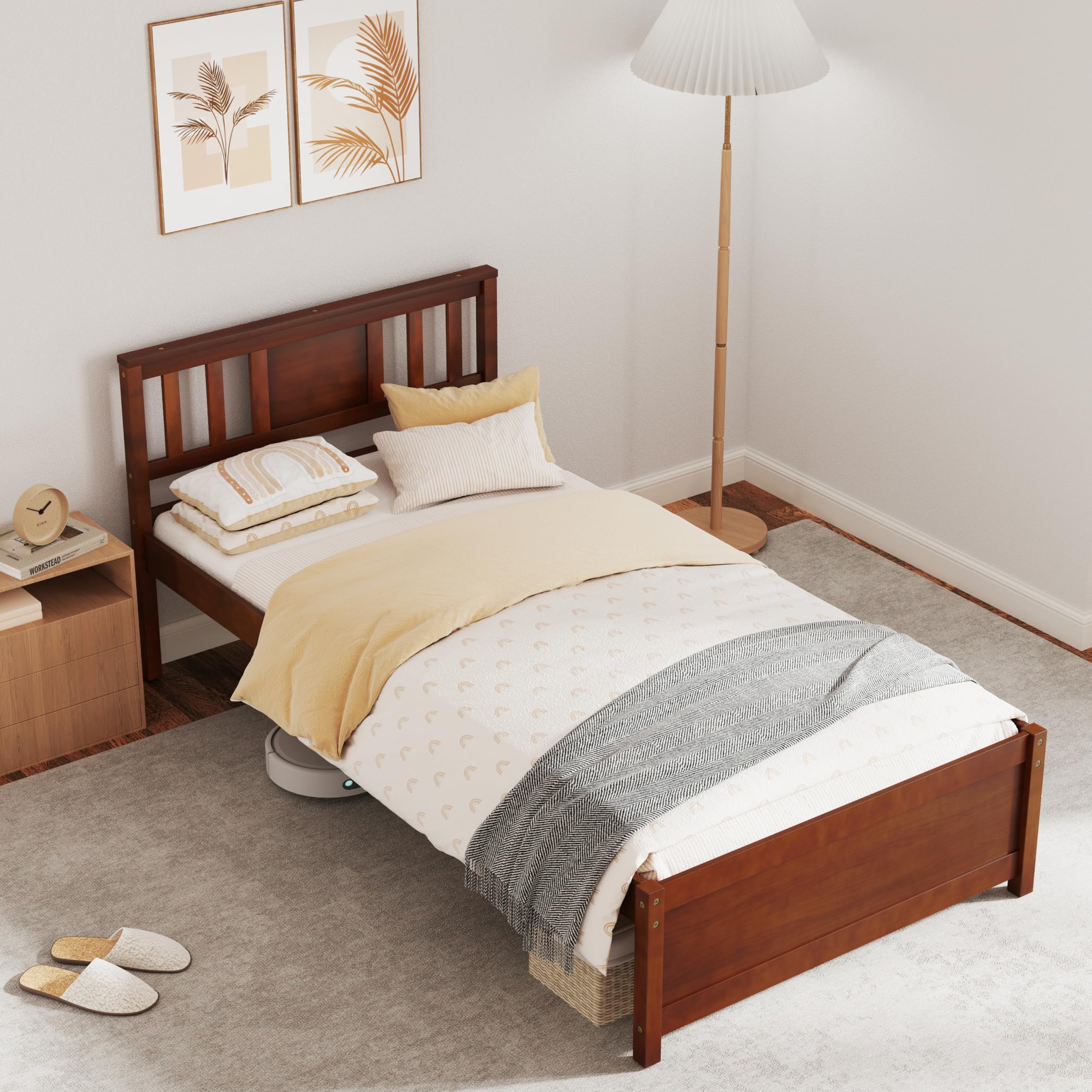 KOMFOTT  Wood Platform Bed Frame with Headboard Solid Wood Platform Bed