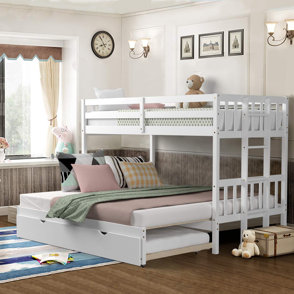 KOMFOTT Twin Over Full Bunk Bed with Trundle, Extendable Twin/Full/Queen/King Bunk Bed