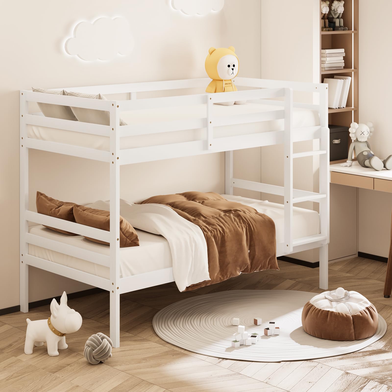 KOMFOTT Twin Over Twin Wood Bunk Bed with Ladder & Safety Guardrail