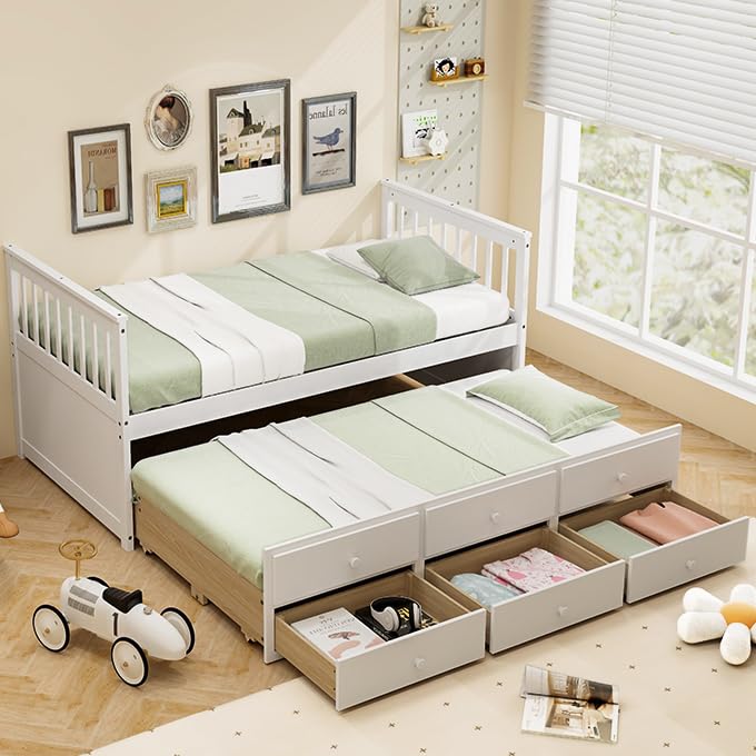 KOMFOTT Twin Size Wooden Captain Daybed with Trundle and 3 Storage Drawers
