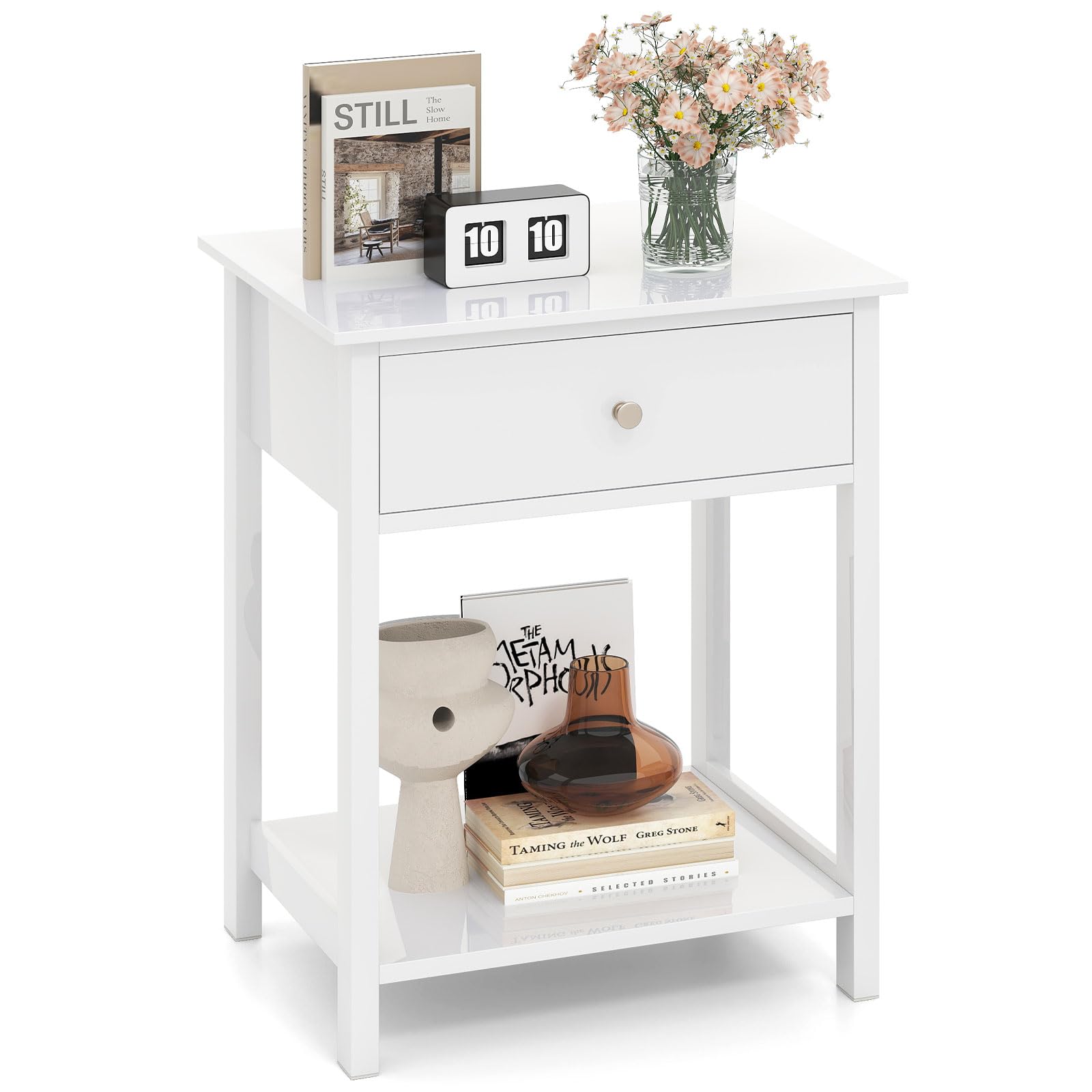 KOMFOTT Wood Nightstand with Drawer & Open Shelf