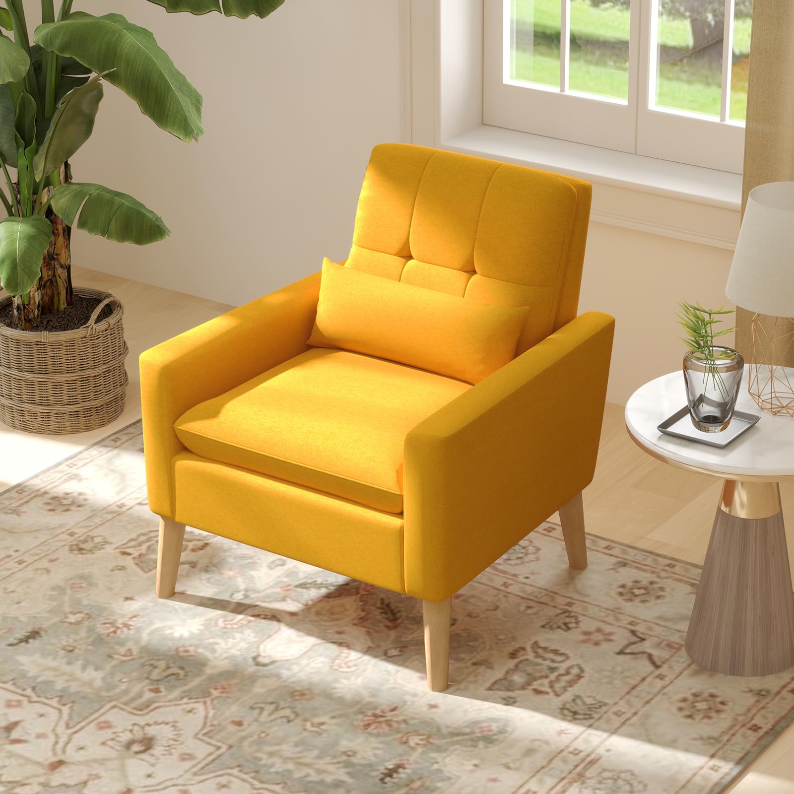 KOMFOTT Modern Linen Accent Chair, Upholstered Tufted Armchair with Lumbar Pillow, Rubber Wood Legs, Padded Cushion