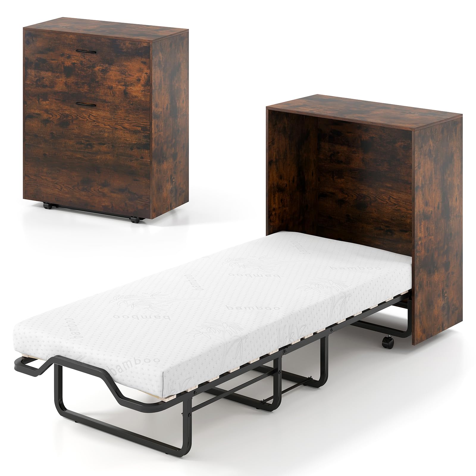 KOMFOTT Murphy Bed Cabinet, Rolling Folding Bed into Cabinet with Mattress & Lockable Wheel
