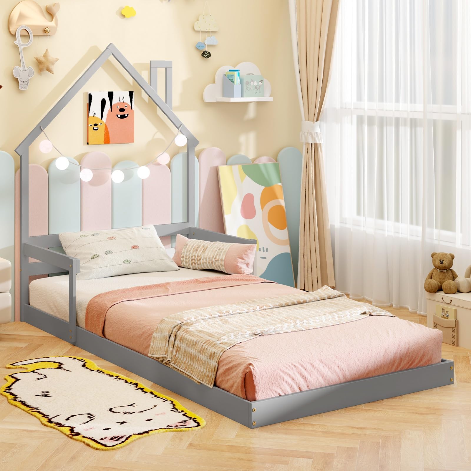 KOMFOTT Twin Floor Bed for Kids, Wood Montessori Bed with Chimney Headboard, Without Slats