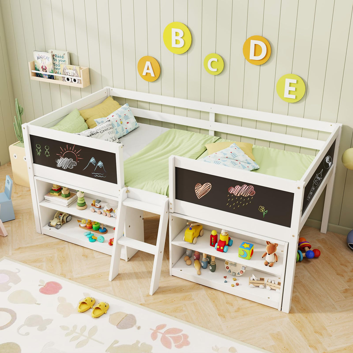 KOMFOTT Twin Size Low Loft Bed with Movable Storage Shelves, Chalkboard & Ladder
