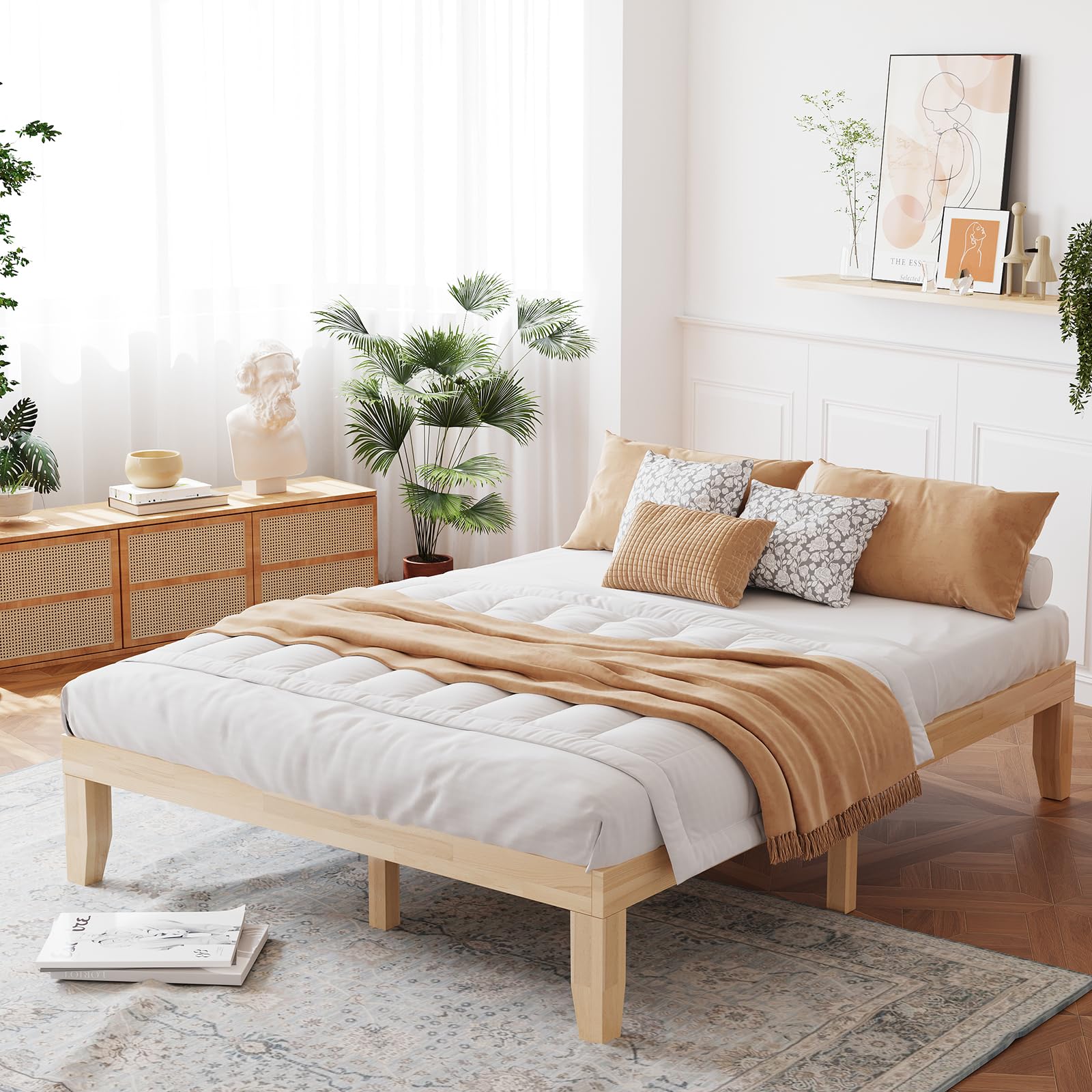 KOMFOTT Wood Platform Bed Frame, Solid Wood Mattress Foundation with Rubber Wood Frame