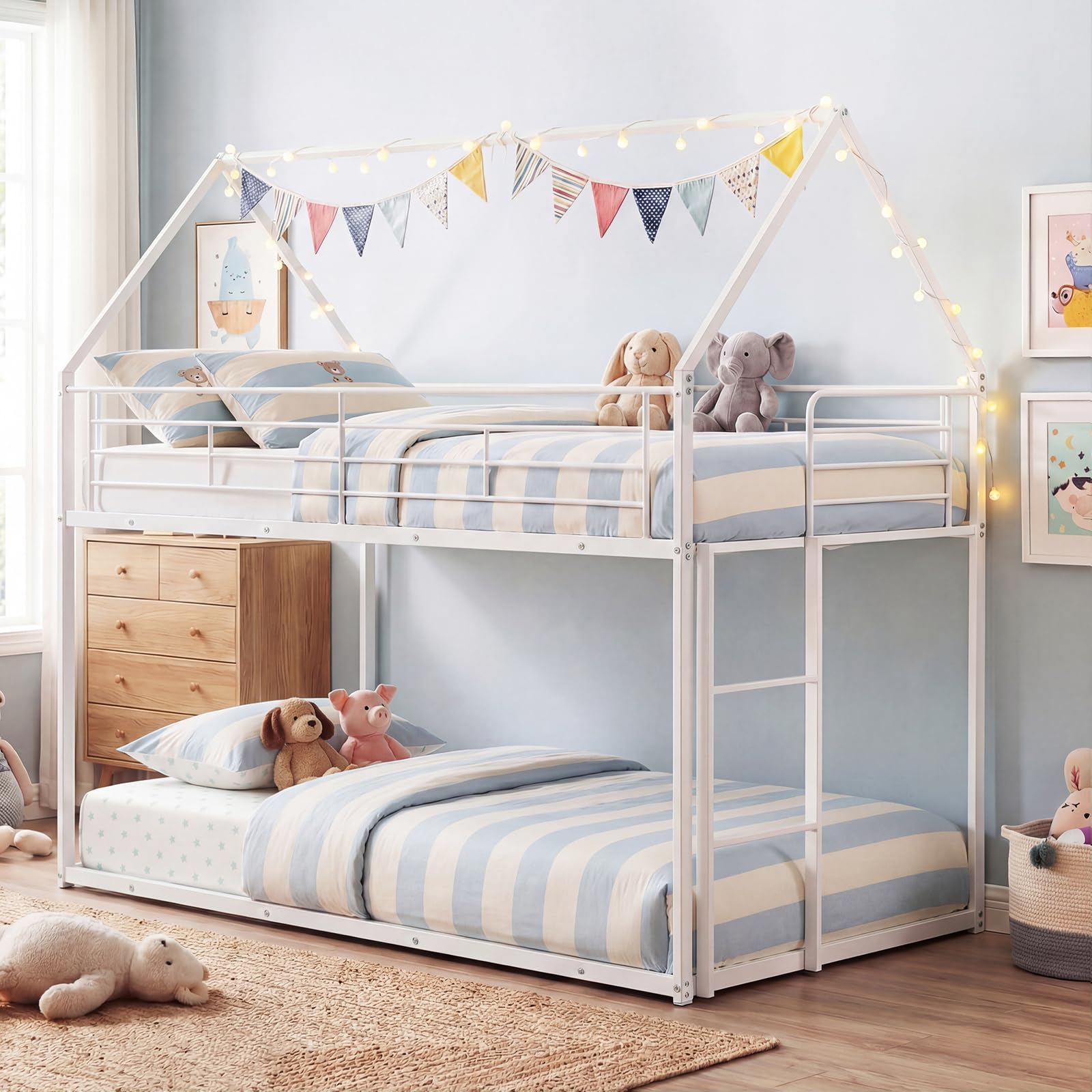 KOMFOTT Low Bunk Bed Twin Over Twin with Roof