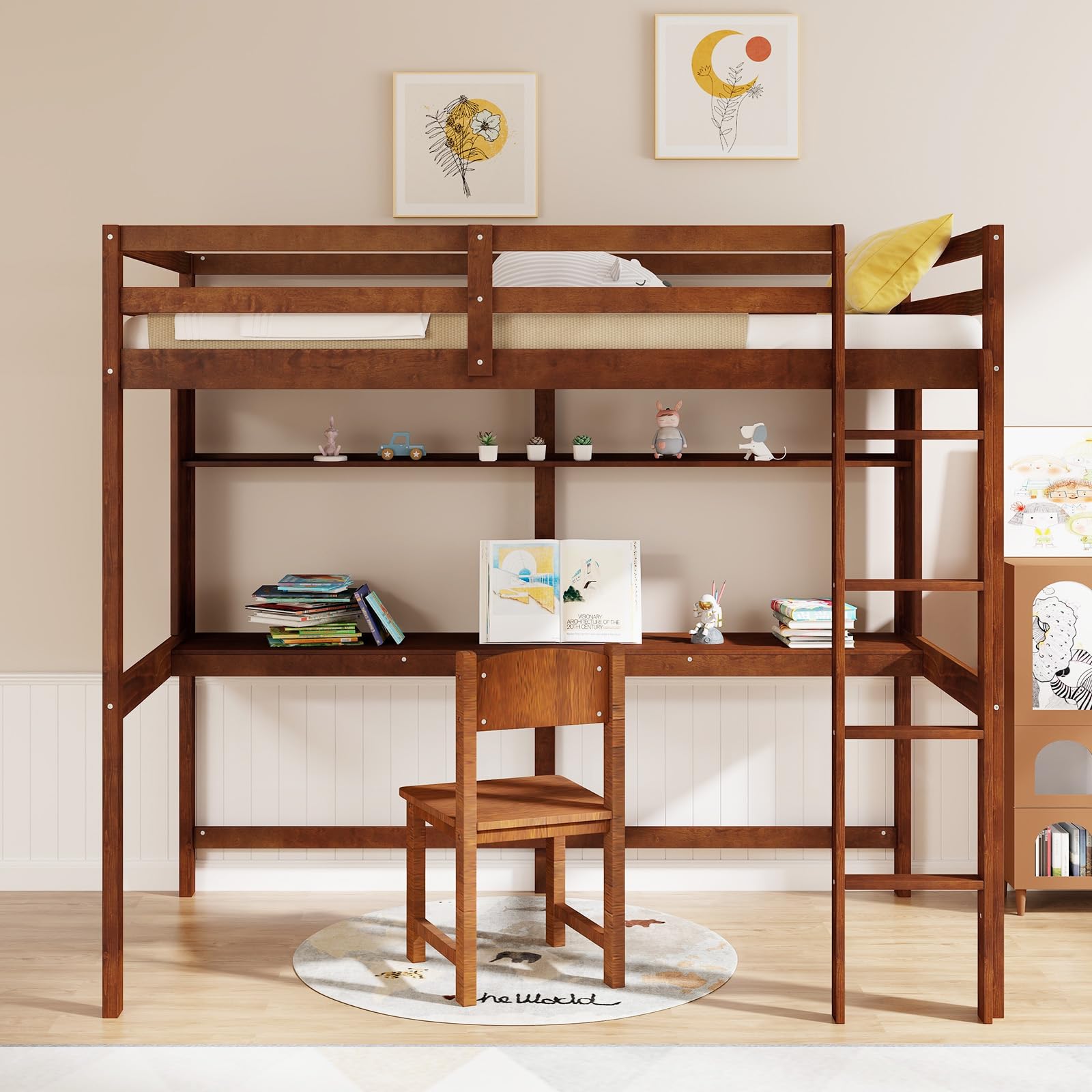 KOMFOTT Twin Size Loft Bed with Desk, Bookshelf, Full Length Safety Guardrail & Ladder
