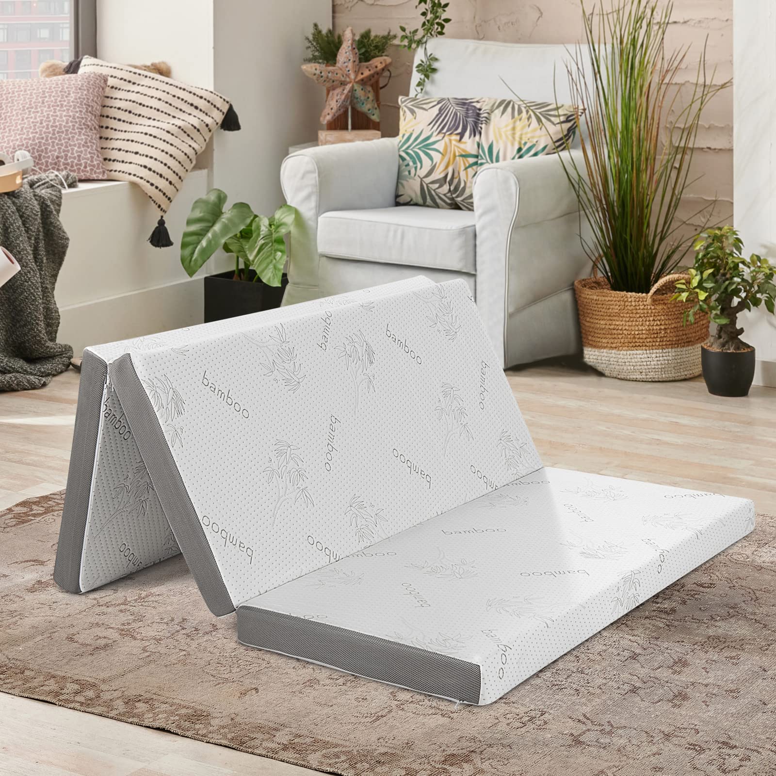 KOMFOTT 4" Tri-Folding Mattress with Storage Bag, Cool Gel Memory Foam Mattress with Removable Bamboo Cover