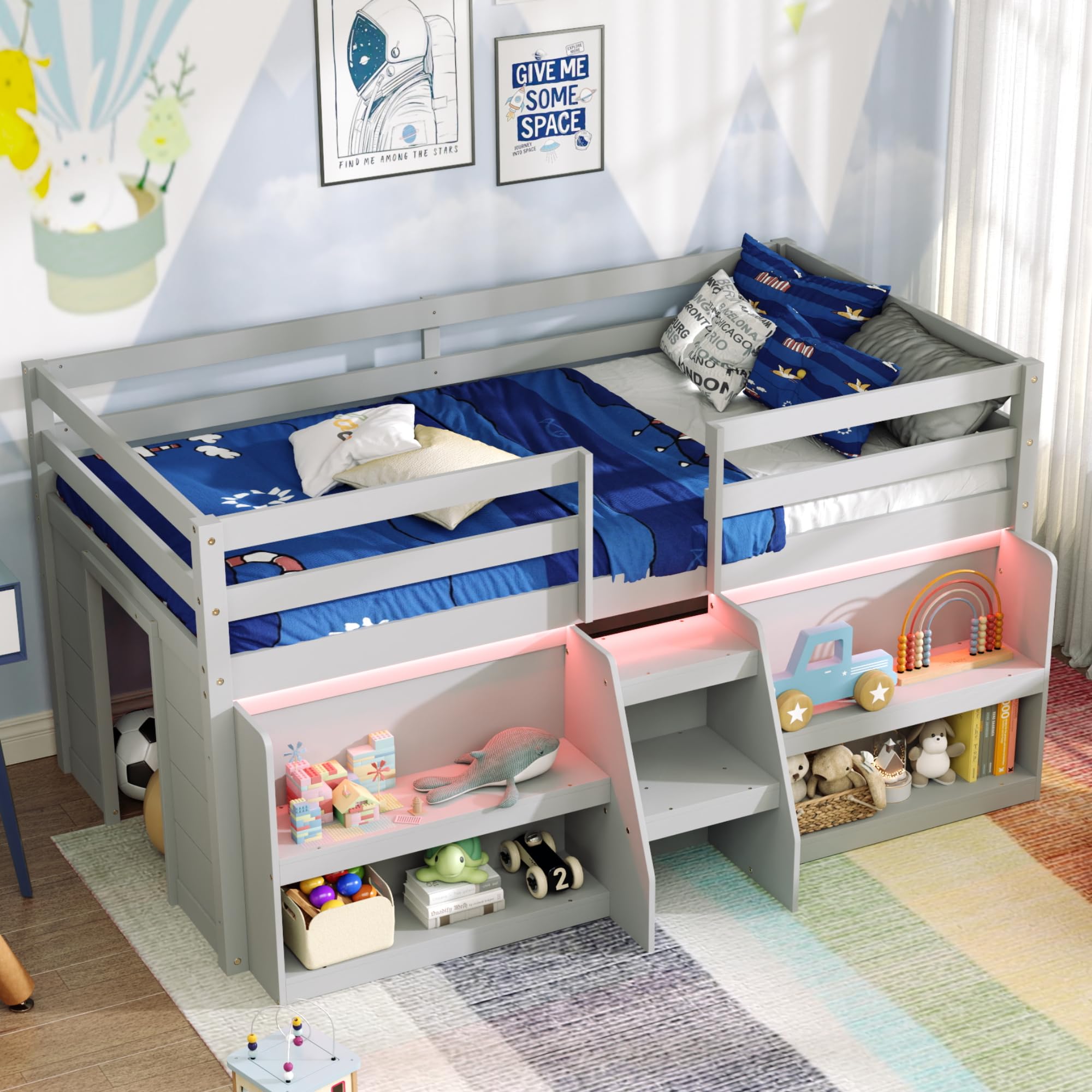 KOMFOTT Low Loft Bed with LED Light & 2 Bookcases