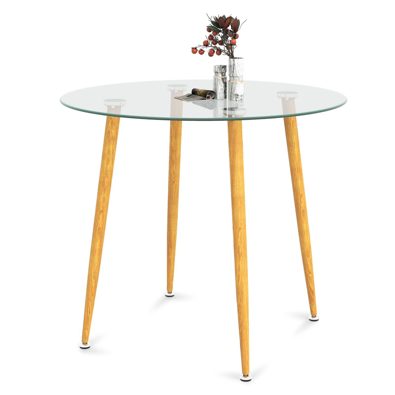KOMFOTT Round Glass Dining Table, Kitchen Dinner Table w/Tempered Glass Tabletop & Metal Legs