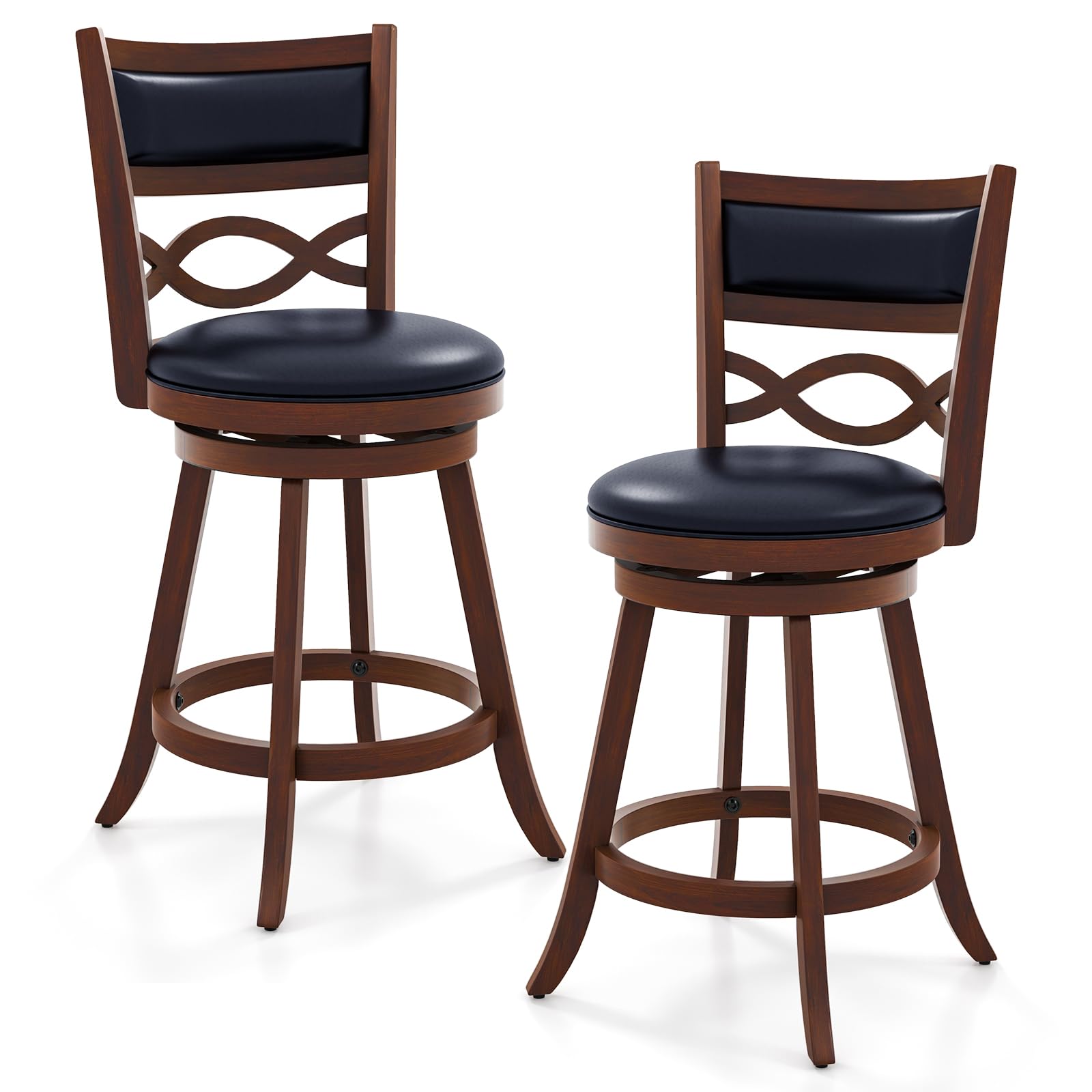 KOMFOTT Bar Stools Set of 2/4, 24.5” Counter Height Stools with Rubber Wood Frame, Faux Leather Upholstered Seat and Backrest