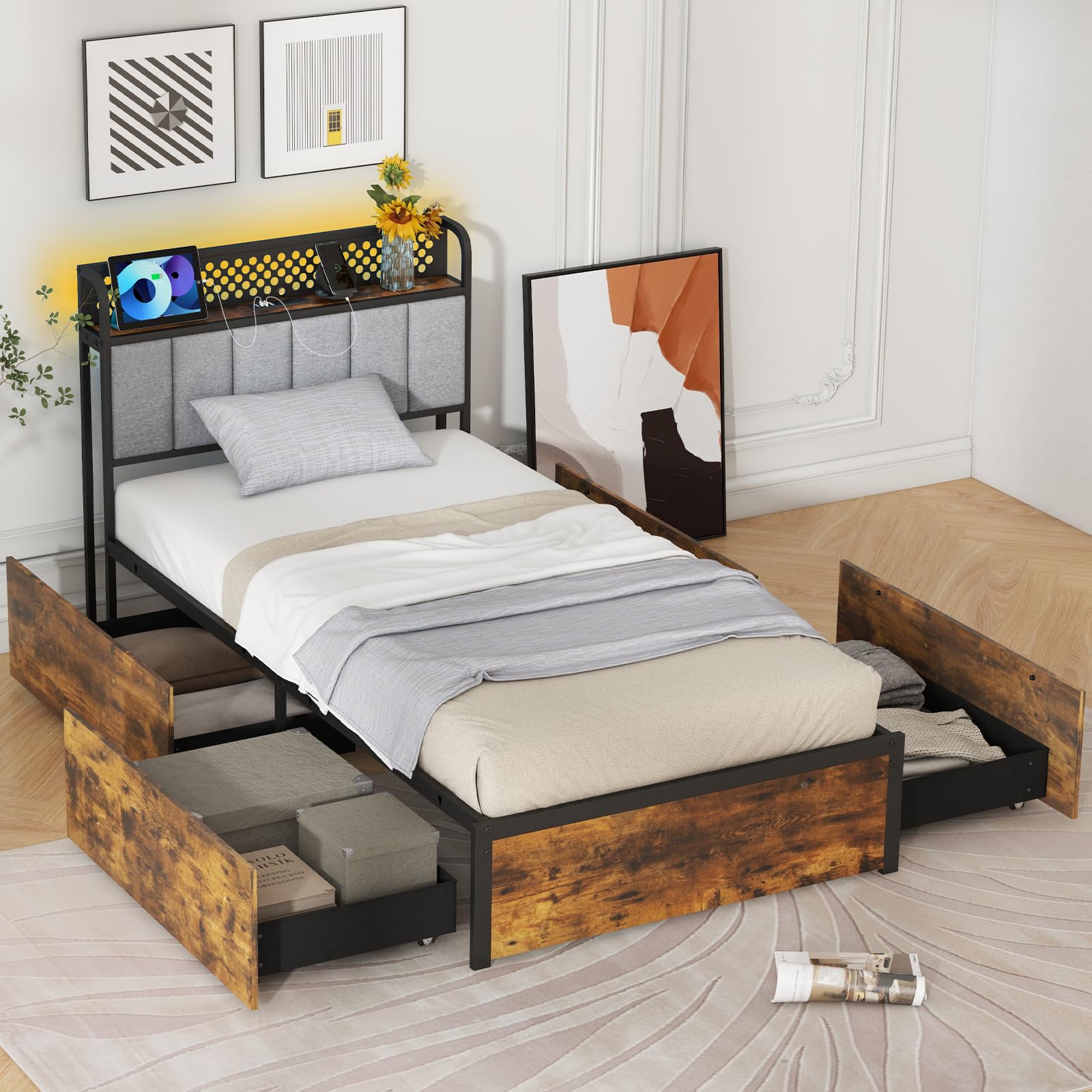 KOMFOTT Industrial LED Bed Frame with 4 Storage Drawers & Charging Station