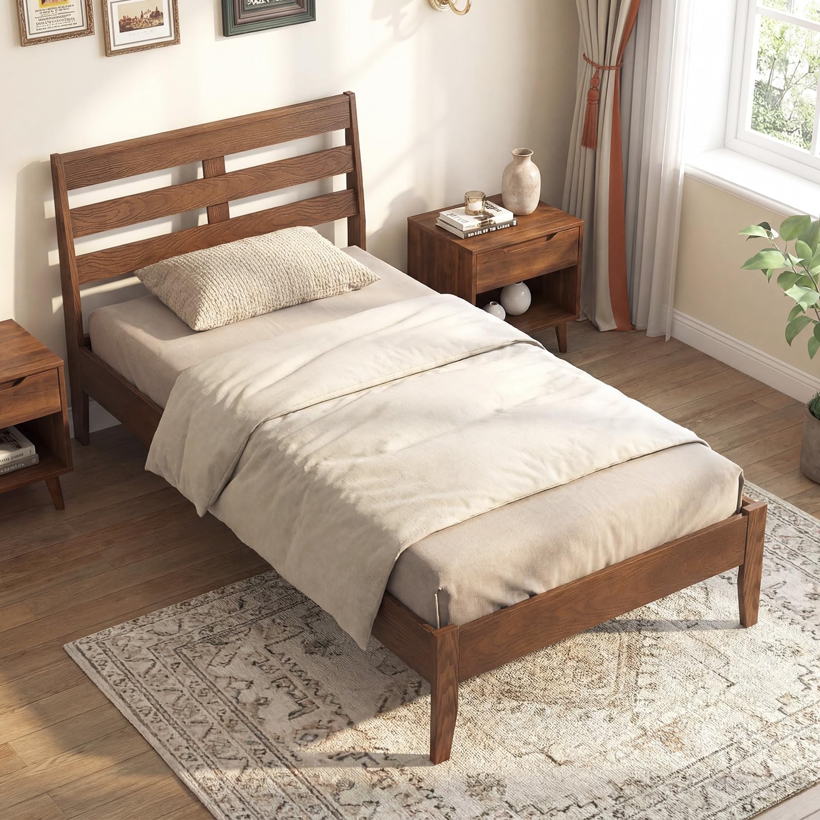 rubber tree bed KOMFOTT Twin/Full/Queen Size Rubber Wood Bed Frame with Headboard, Twin