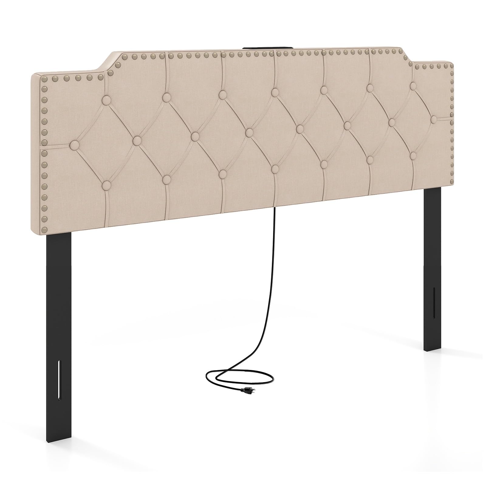 KOMFOTT Riveted Upholstered Headboard with Charging Station for Full & Queen Size Bed Frame