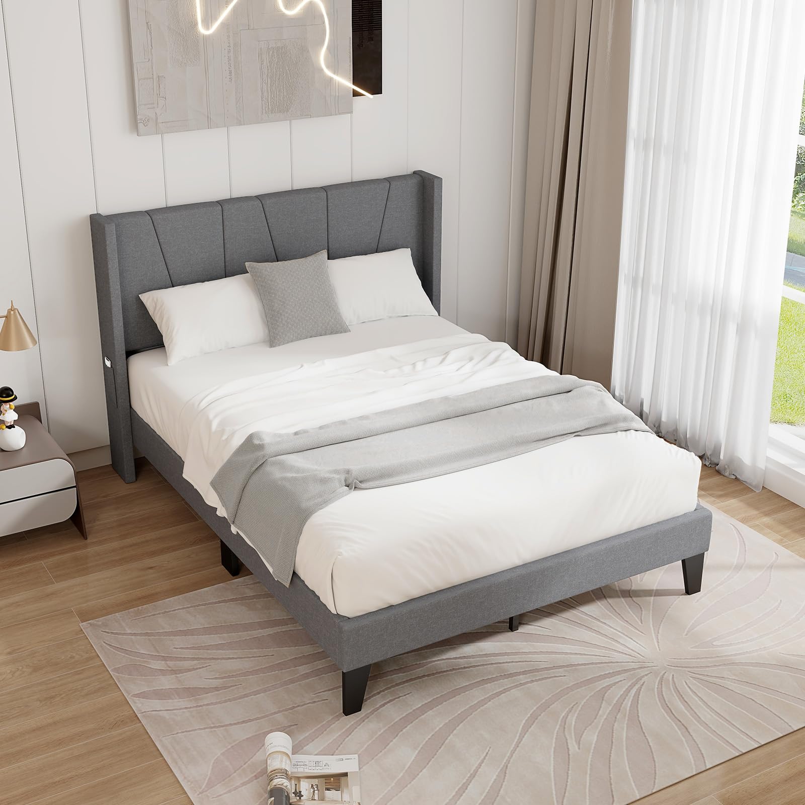 KOMFOTT Upholstered Bed Frame with Wingback Headboard
