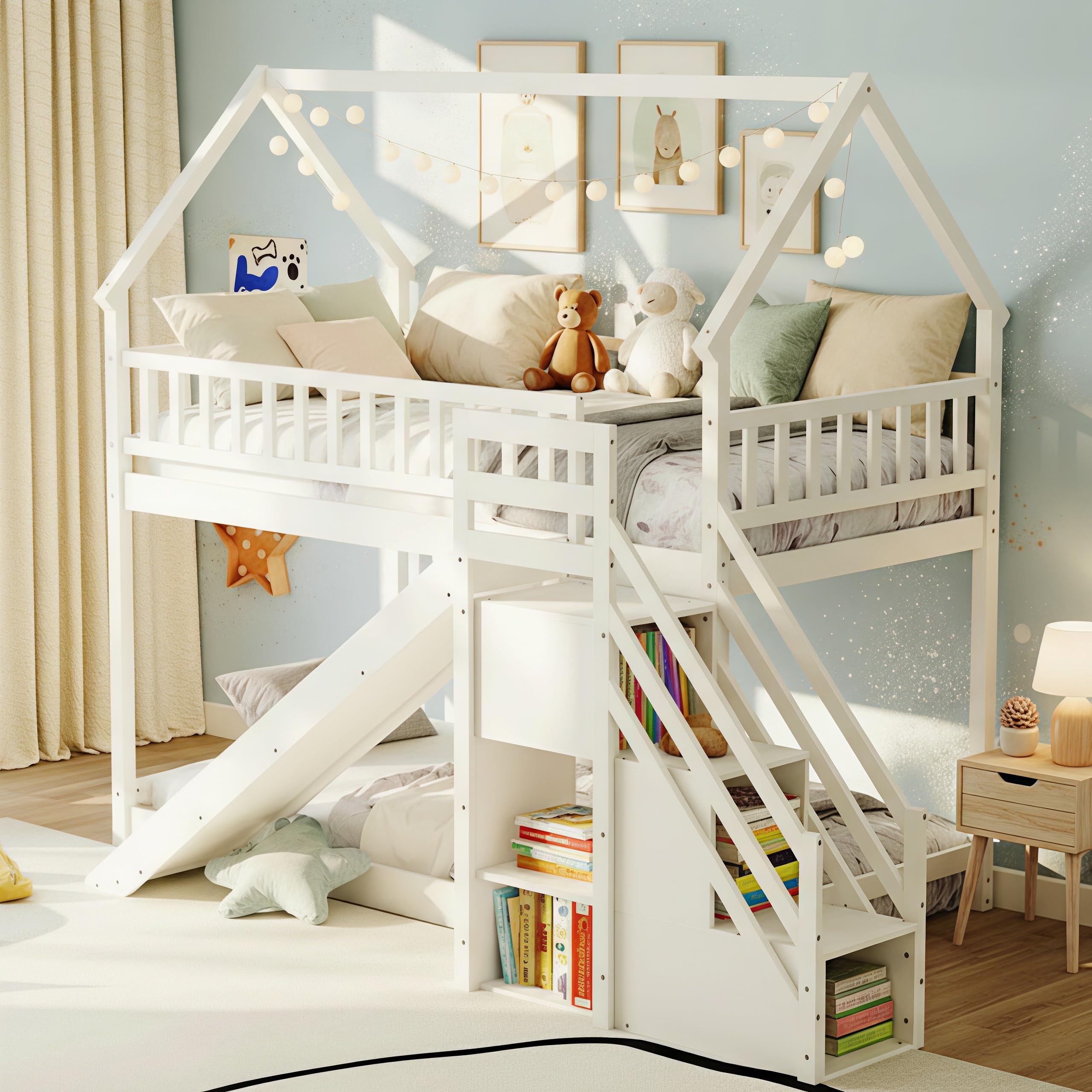 KOMFOTT Twin Over Twin Wood House Bunk Bed with Slide & Stairs, Storage Shelves