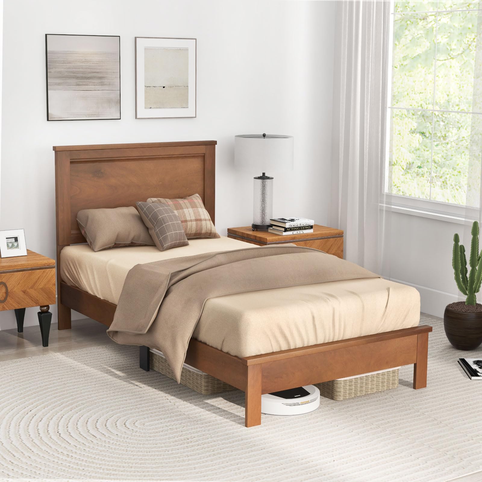 KOMFOTT Wood Platform Bed Frame with Headboard, Mid Century Platform Bed Frame with Solid Wood Legs & Wooden Slat Support