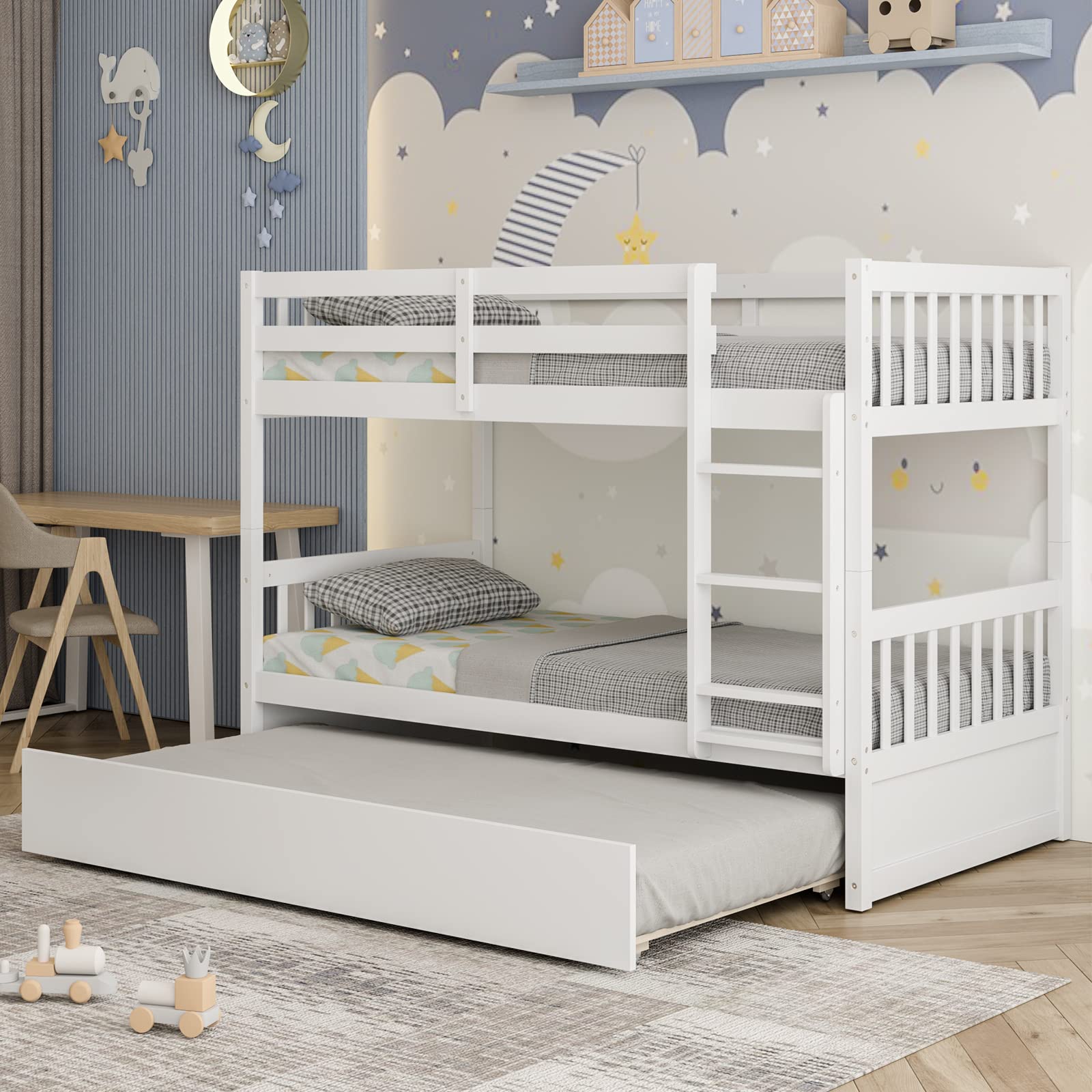 KOMFOTT Twin Over Twin Wood Bunk Bed with Trundle, 2-in-1 Convertible Bunk Bed with Ladder & Solid Wood Frame