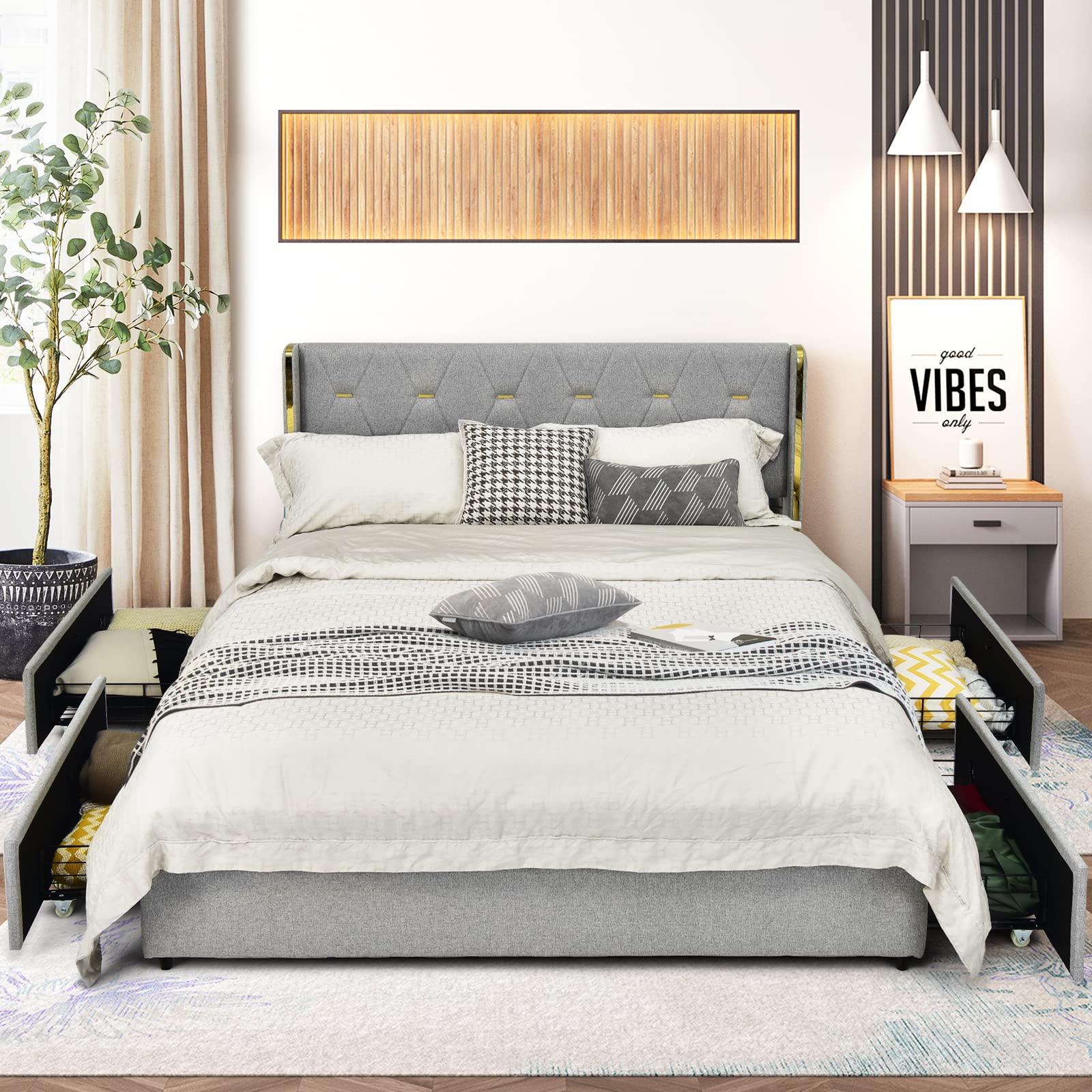 KOMFOTT Full Size Upholstered Bed Frame with 4 Rolling Storage Drawers, Space Saving PU Leather Bed Frame