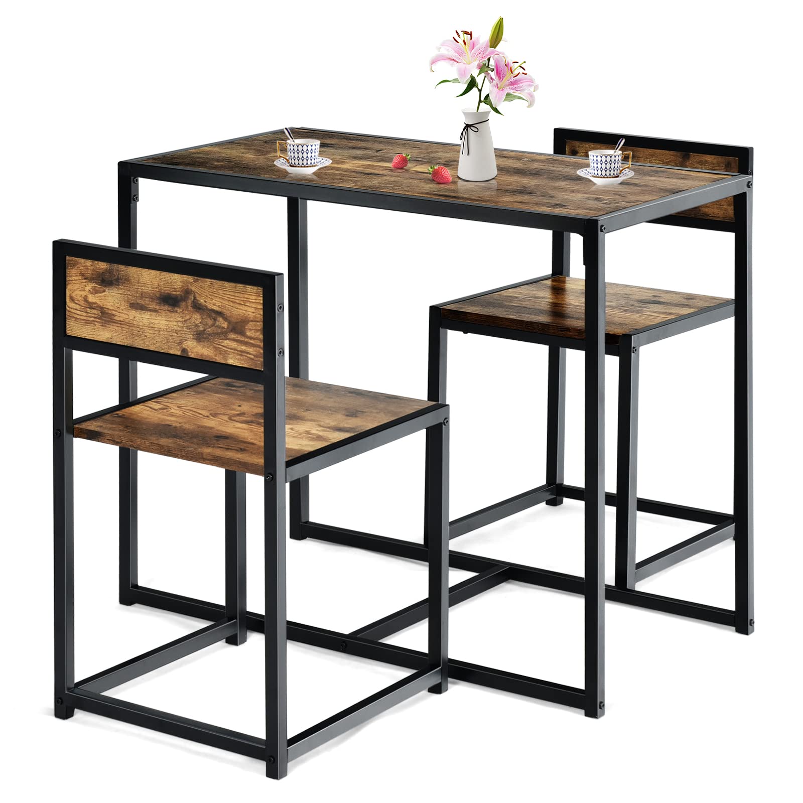 KOMFOTT 3 Piece Kitchen Table Set with 2 Chairs, Metal Frame