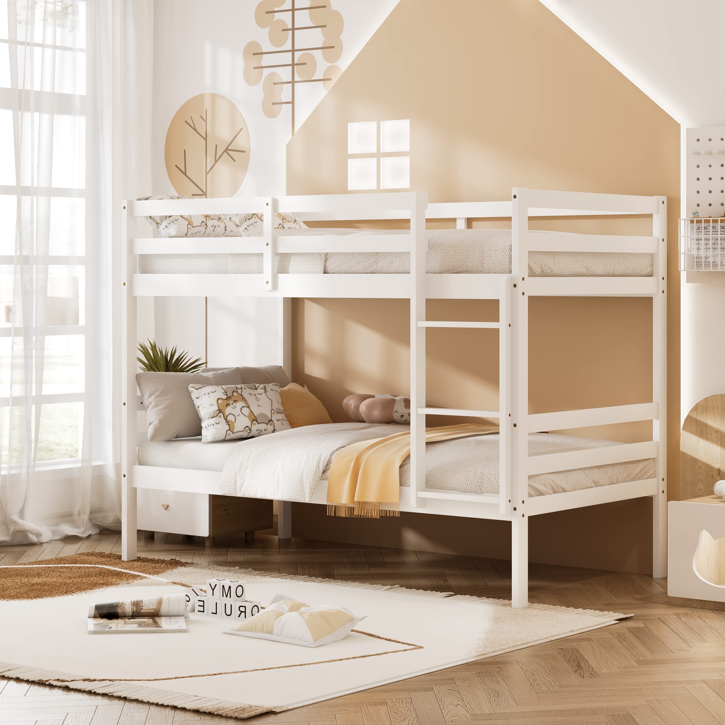 KOMFOTT Twin Over Twin Wood Bunk Bed with Ladder & Safety Guardrail